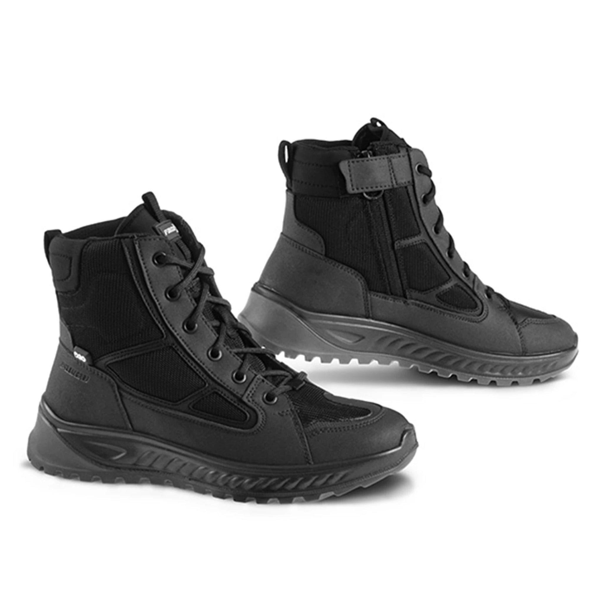 Pair of black tactical boots on a white background