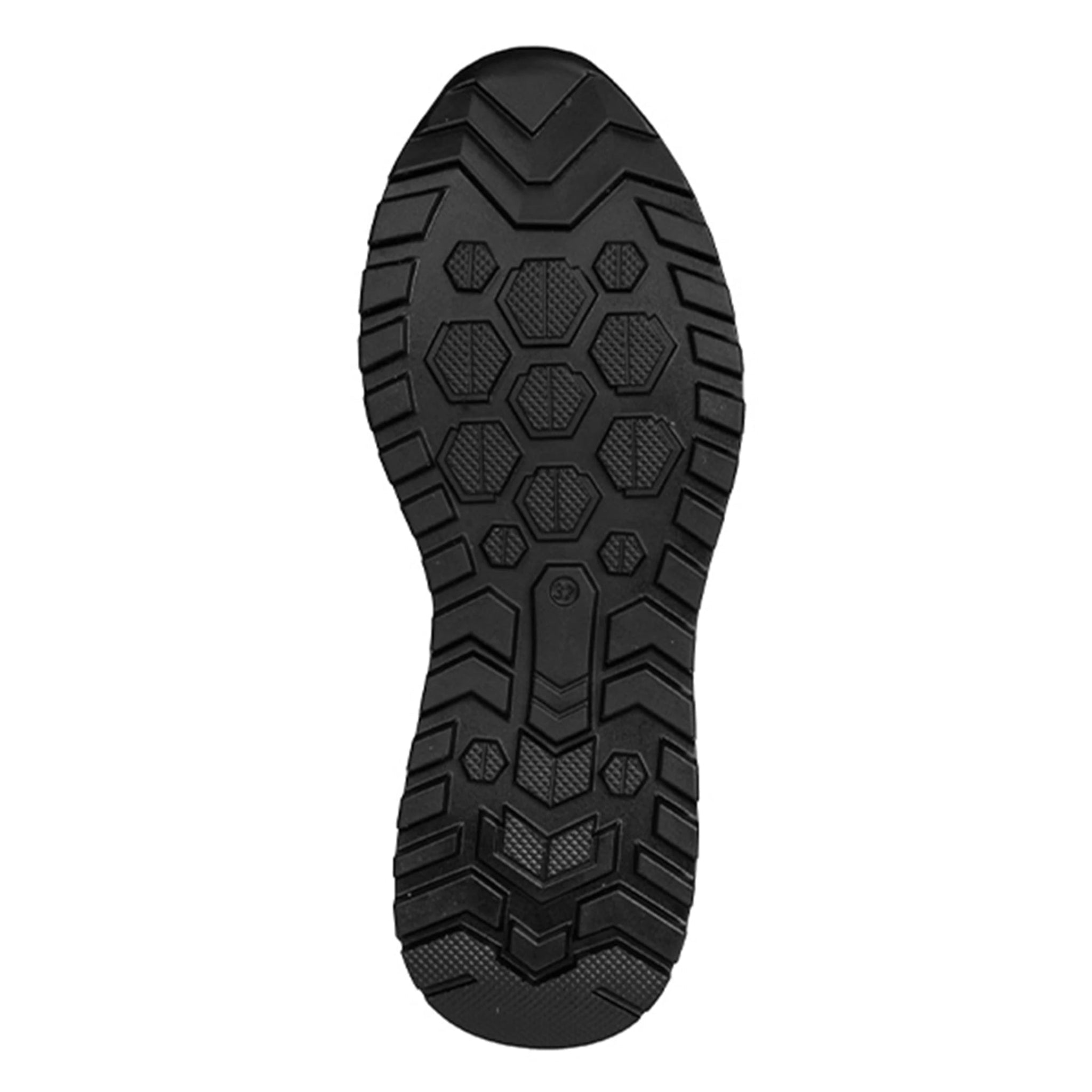 Black shoe sole with tread pattern on a white background