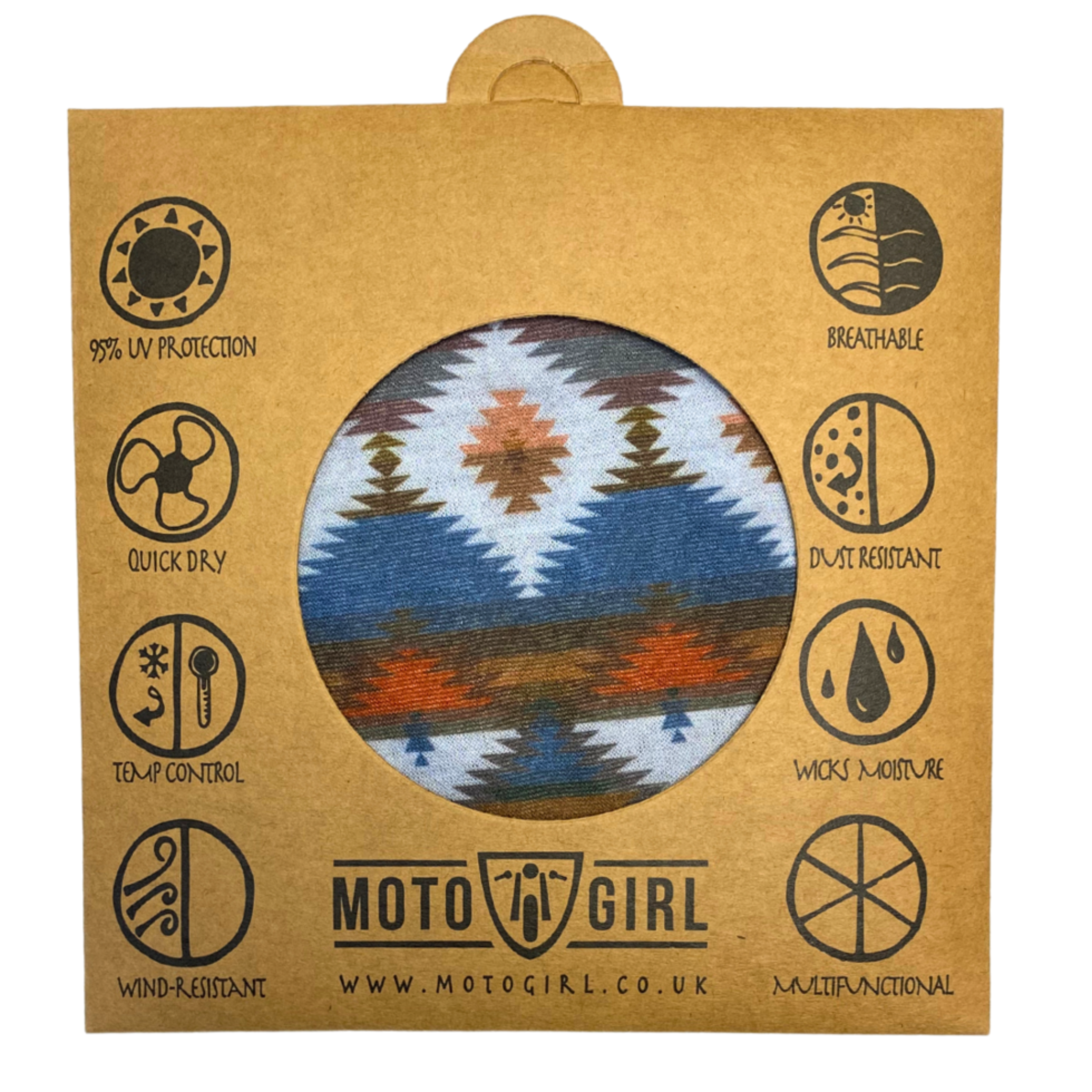 Astec bandana worn as a face mask with a red, brown, and blue print, displayed in its packaging that highlights its different functions, with the MotoGirl logo at the bottom.