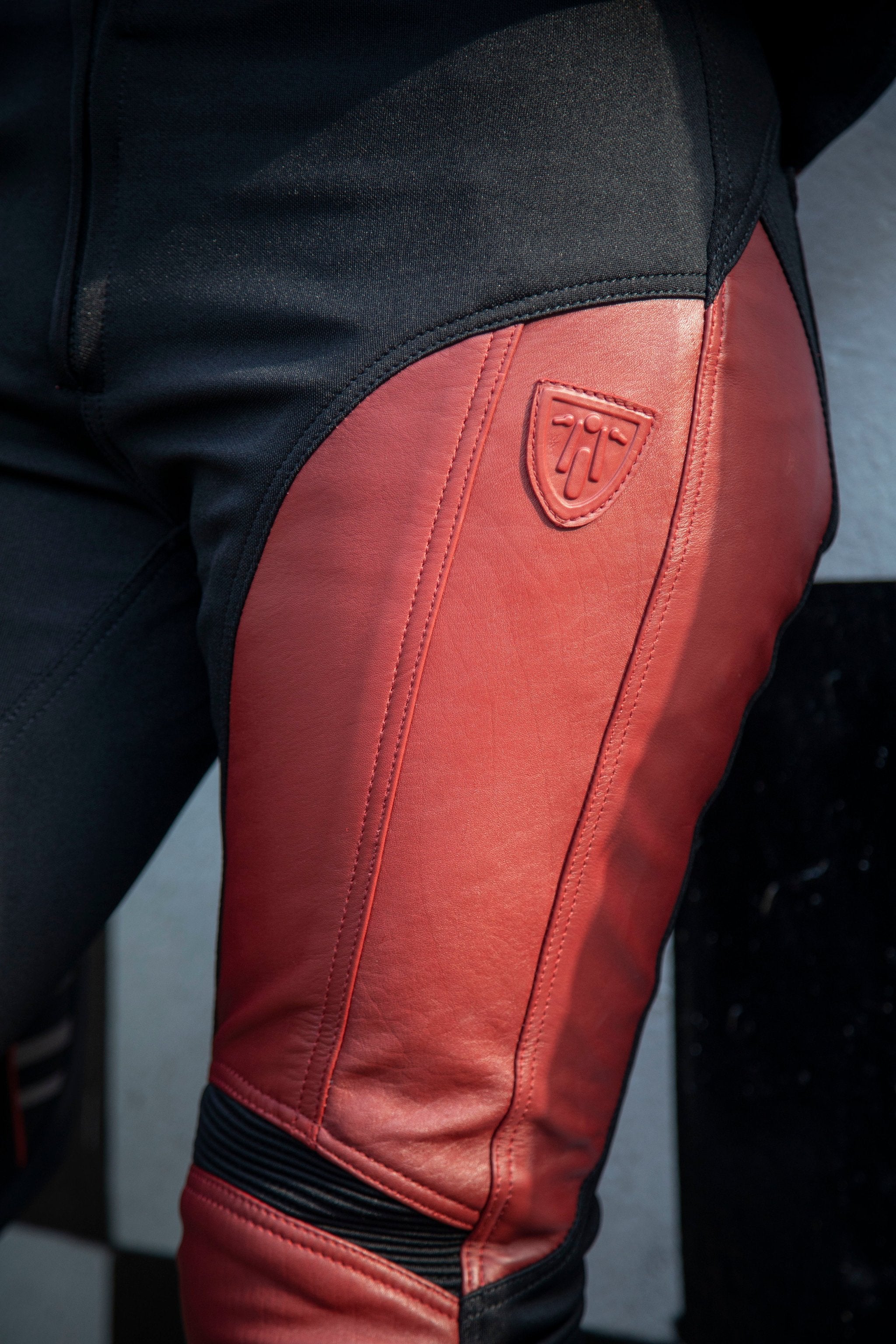 Close up of Red Fiona Motorcycle Trousers from Moto Girl