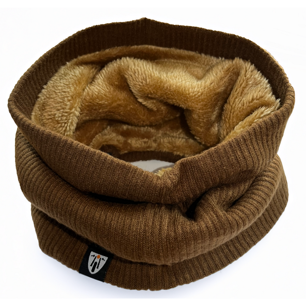 brown fluffy neck warmer scarf with Motogirl logo