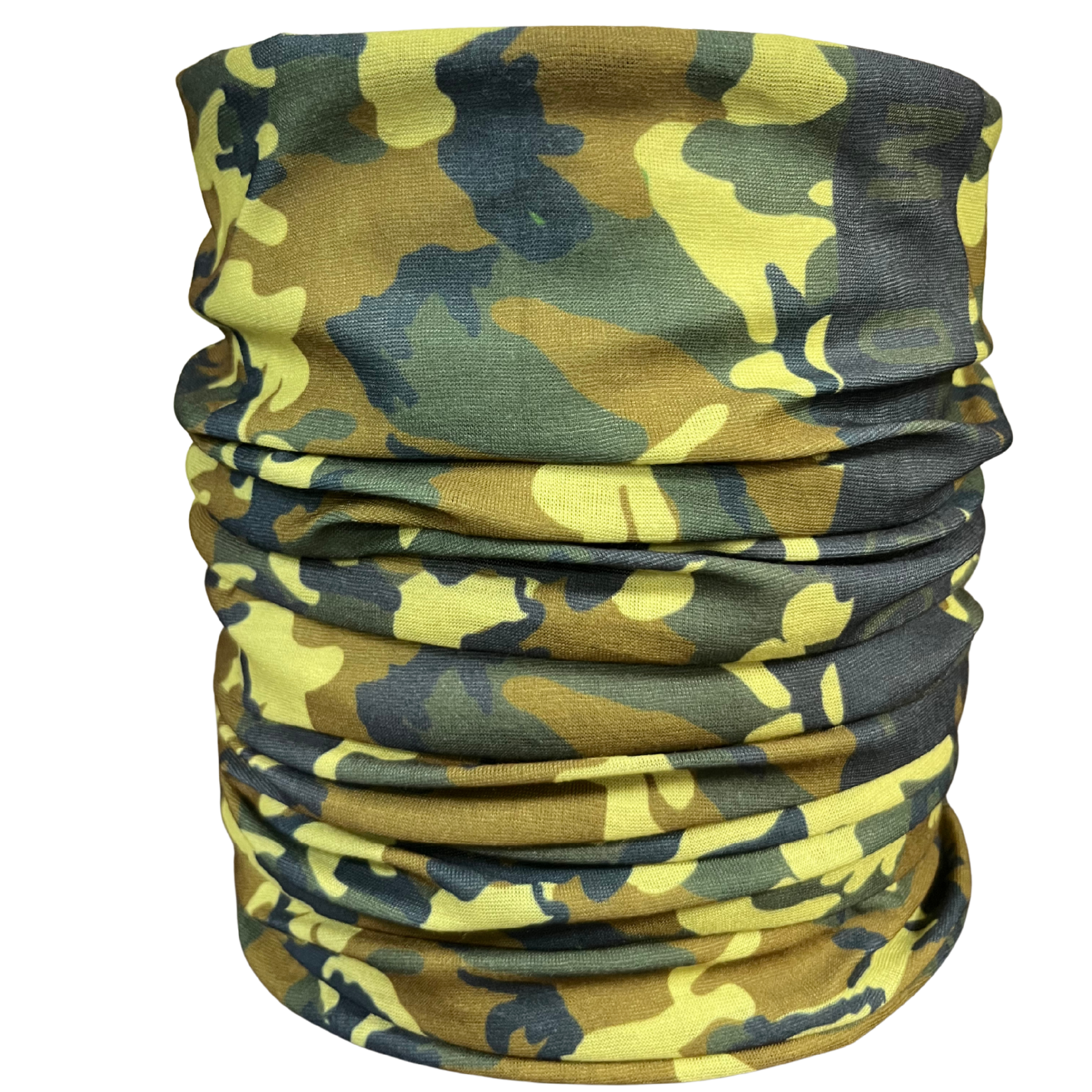 Camouflage patterned neck gaiter on a white background
