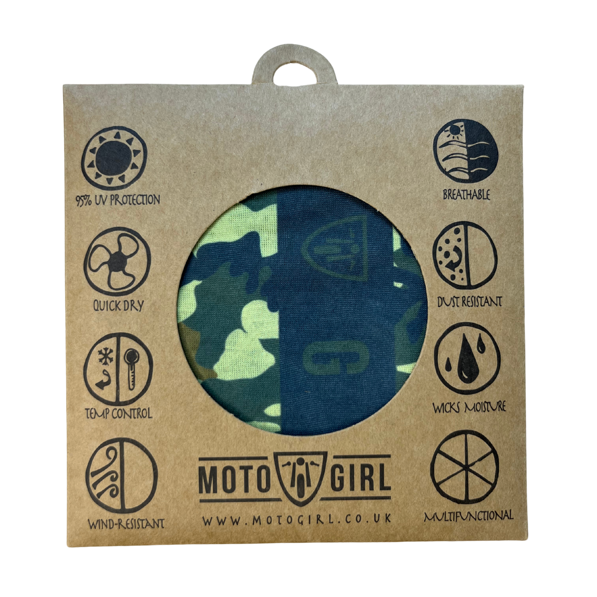 Camouflage-patterned product in a brown cardboard packaging with 'Moto Girl' branding.