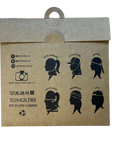 Kraft paper package with black illustrations of hairstyles and text on a white background