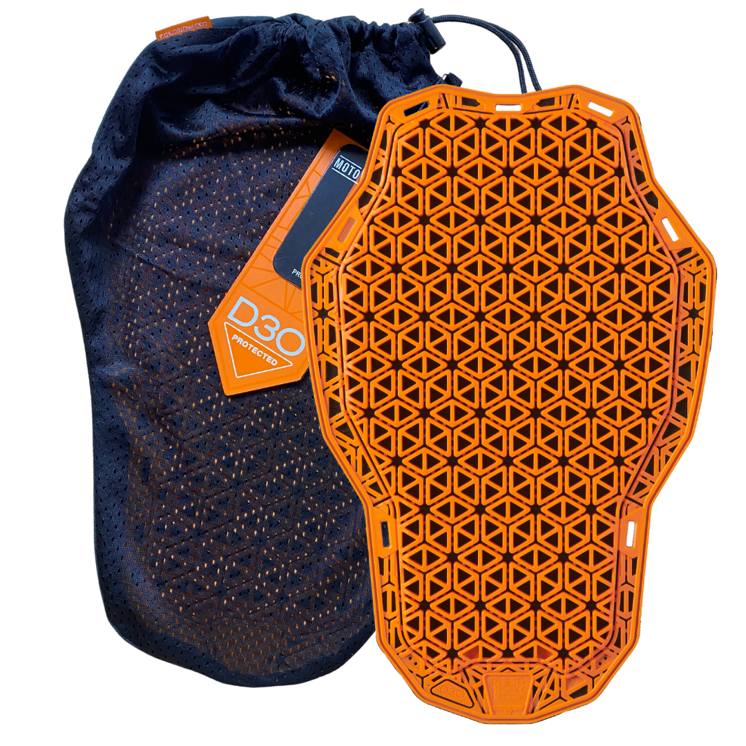 D3O Orange protective pad with geometric pattern next to a blue drawstring bag on a white background 