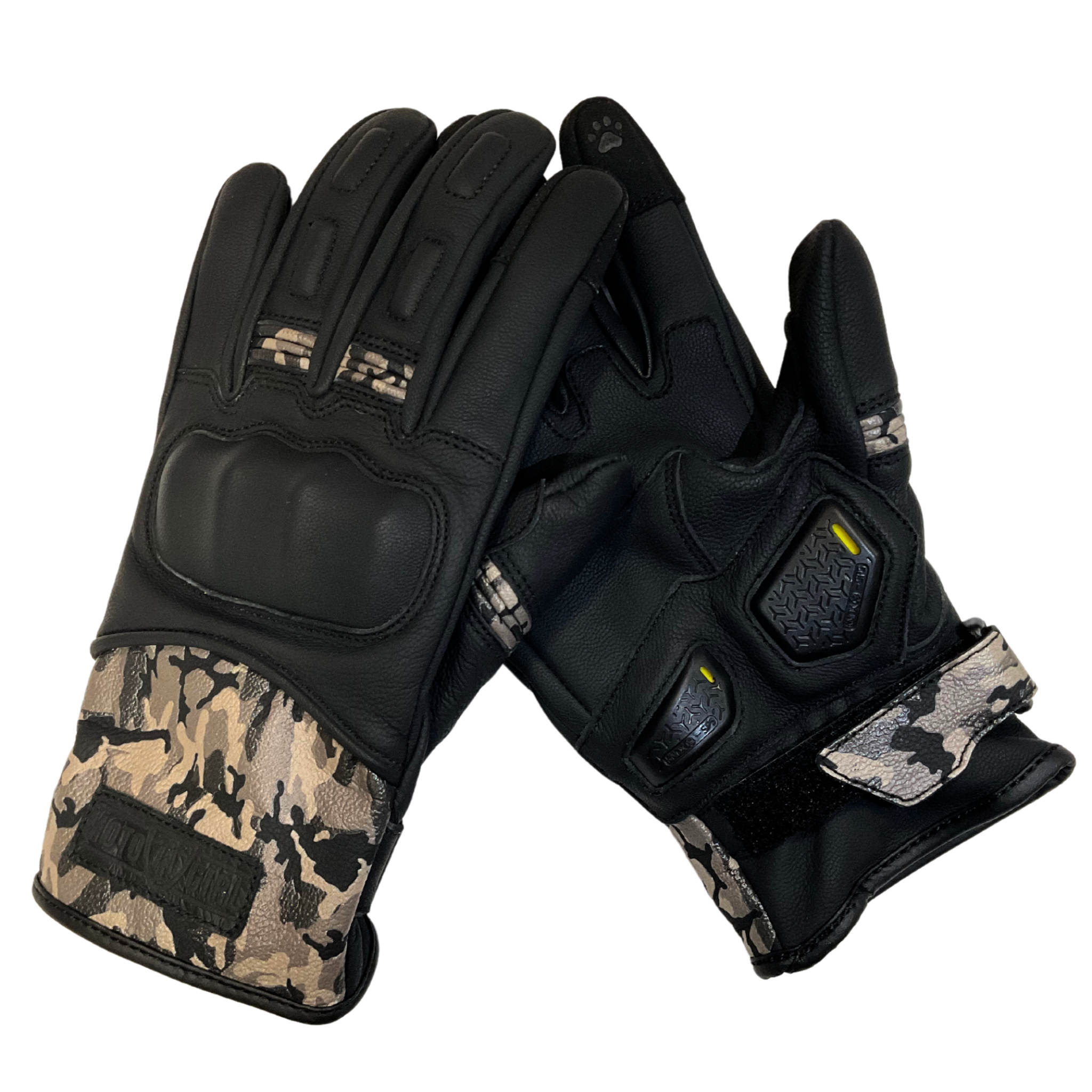 black women's motorcycle gloves with camo details  and with paw print details on the index and middle fingers.