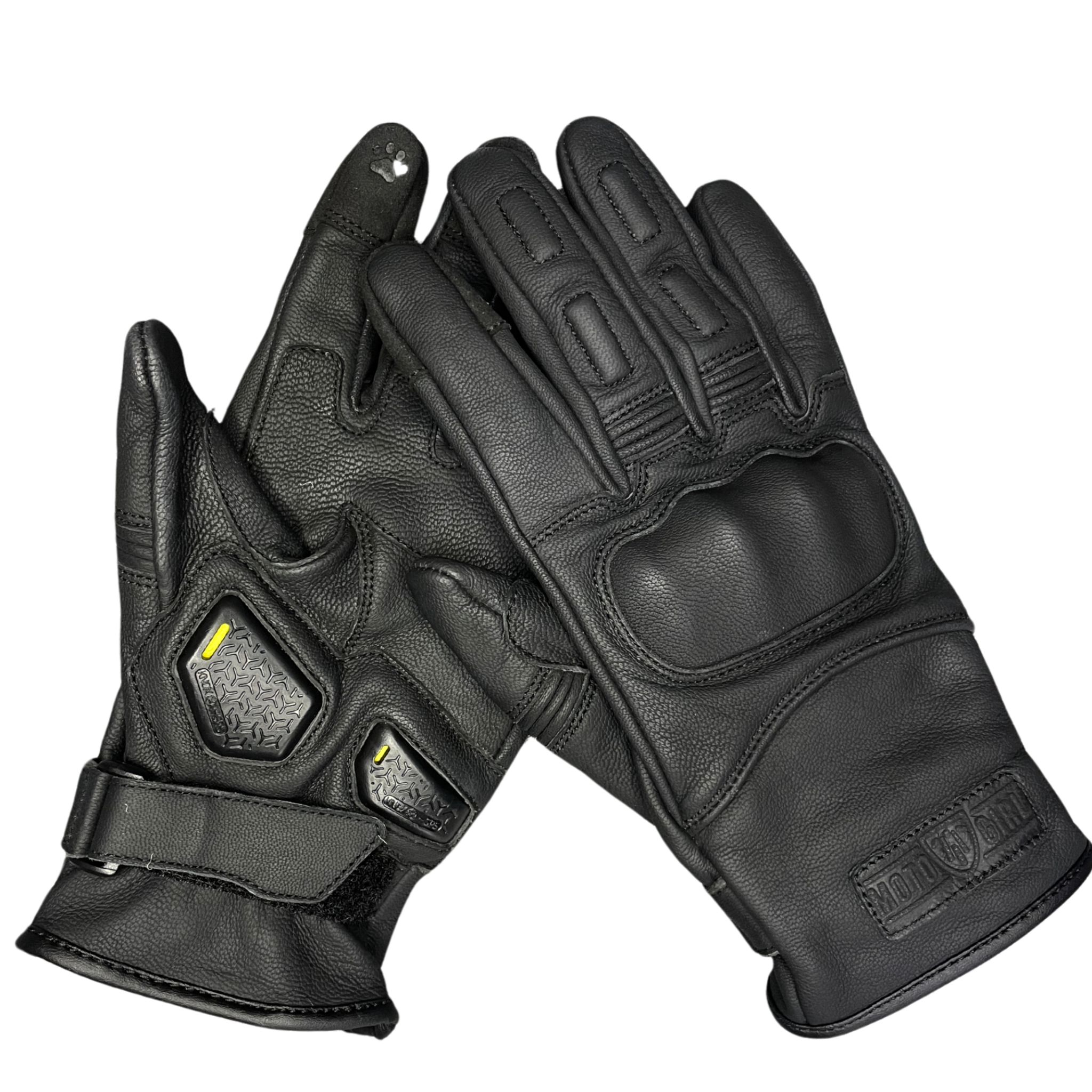 simple design black women's motorcycle gloves from MotoGirl with paw print details on the index and middle fingers.