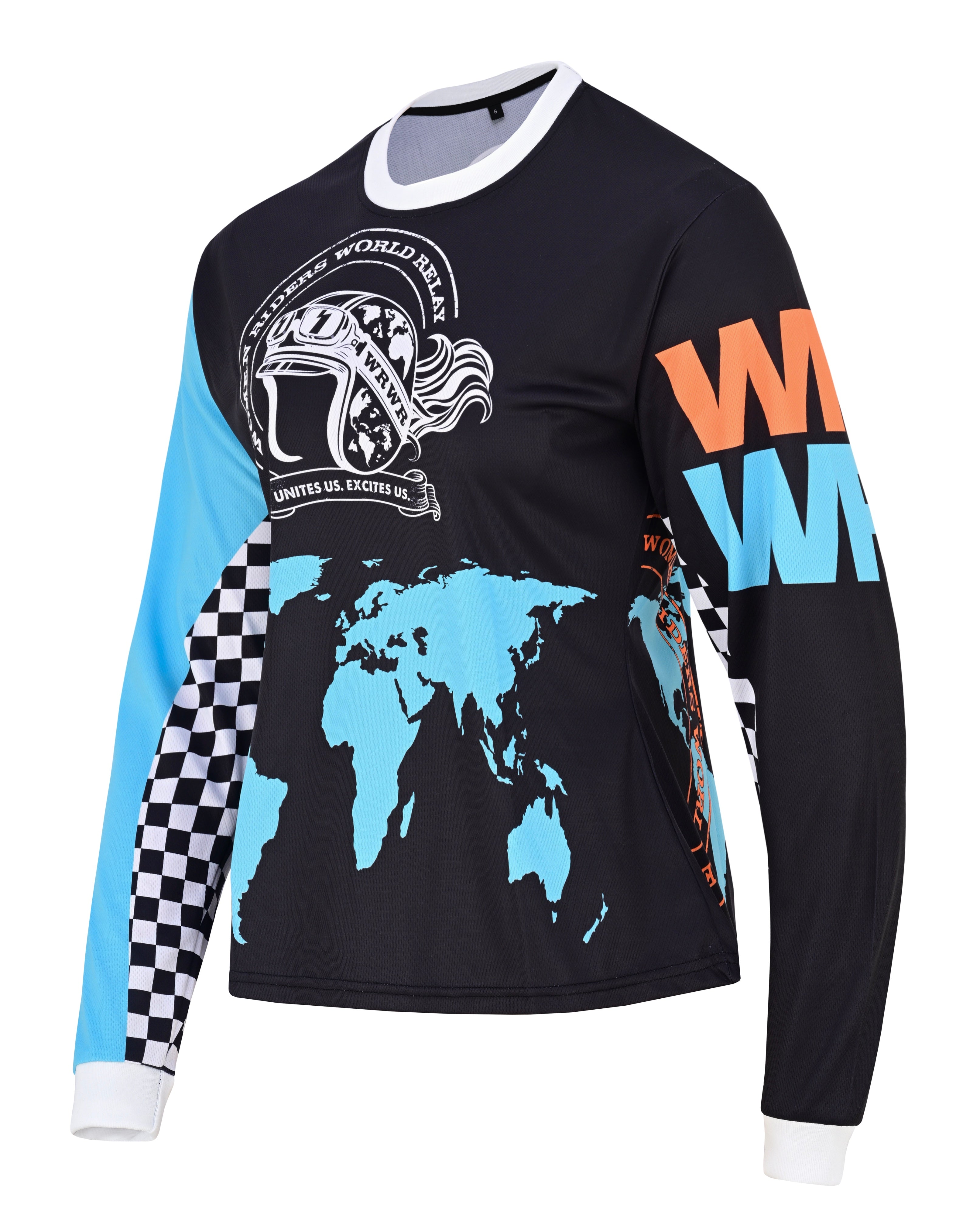 Long-sleeve shirt with world map design and colorful patterns on a white background
