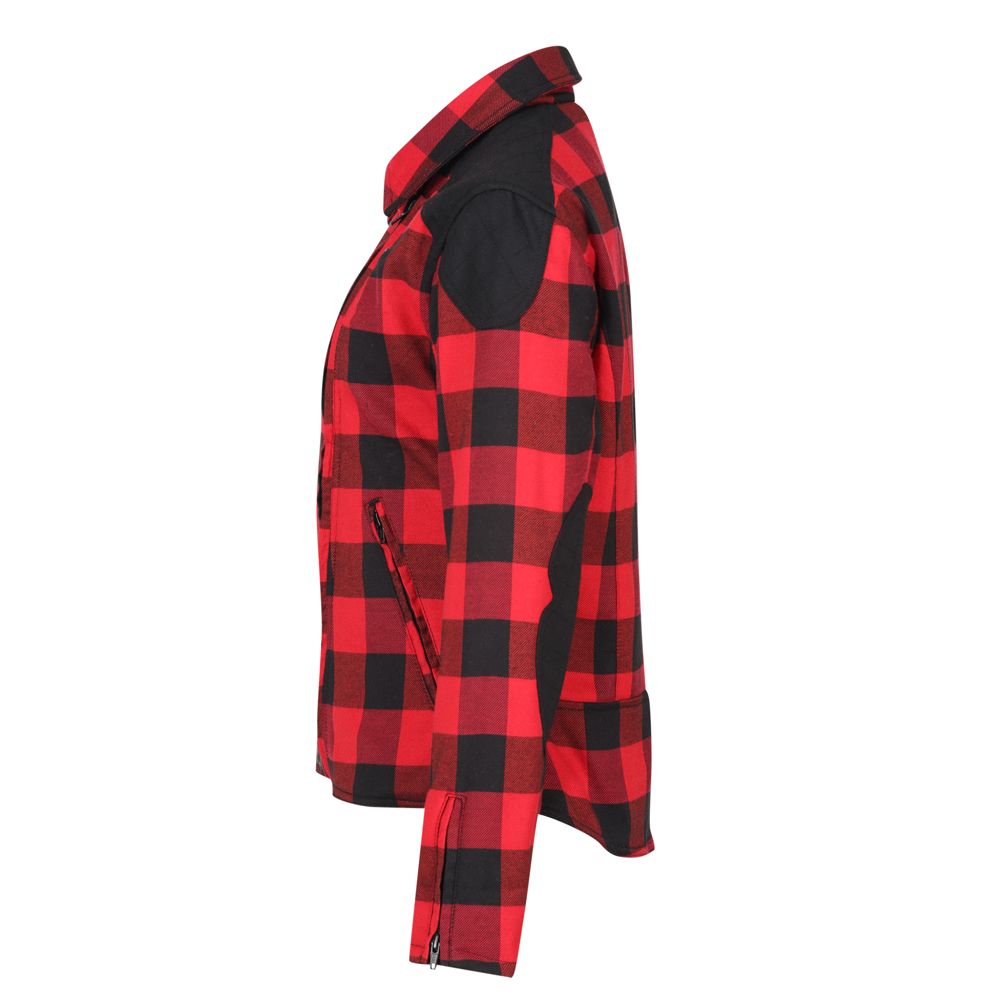 side of unzipped red and black flannel style women's jacket from moto girl