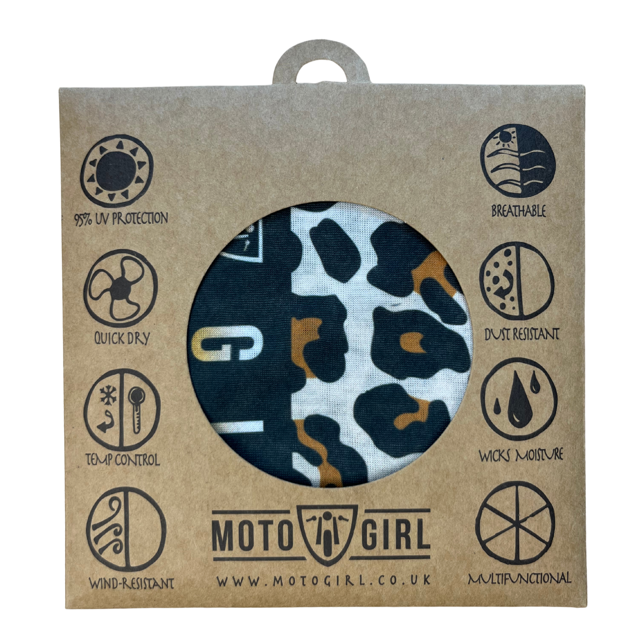 Moto Girl product packaging with leopard print design on a brown background