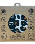 Moto Girl product packaging with leopard print design on a brown background