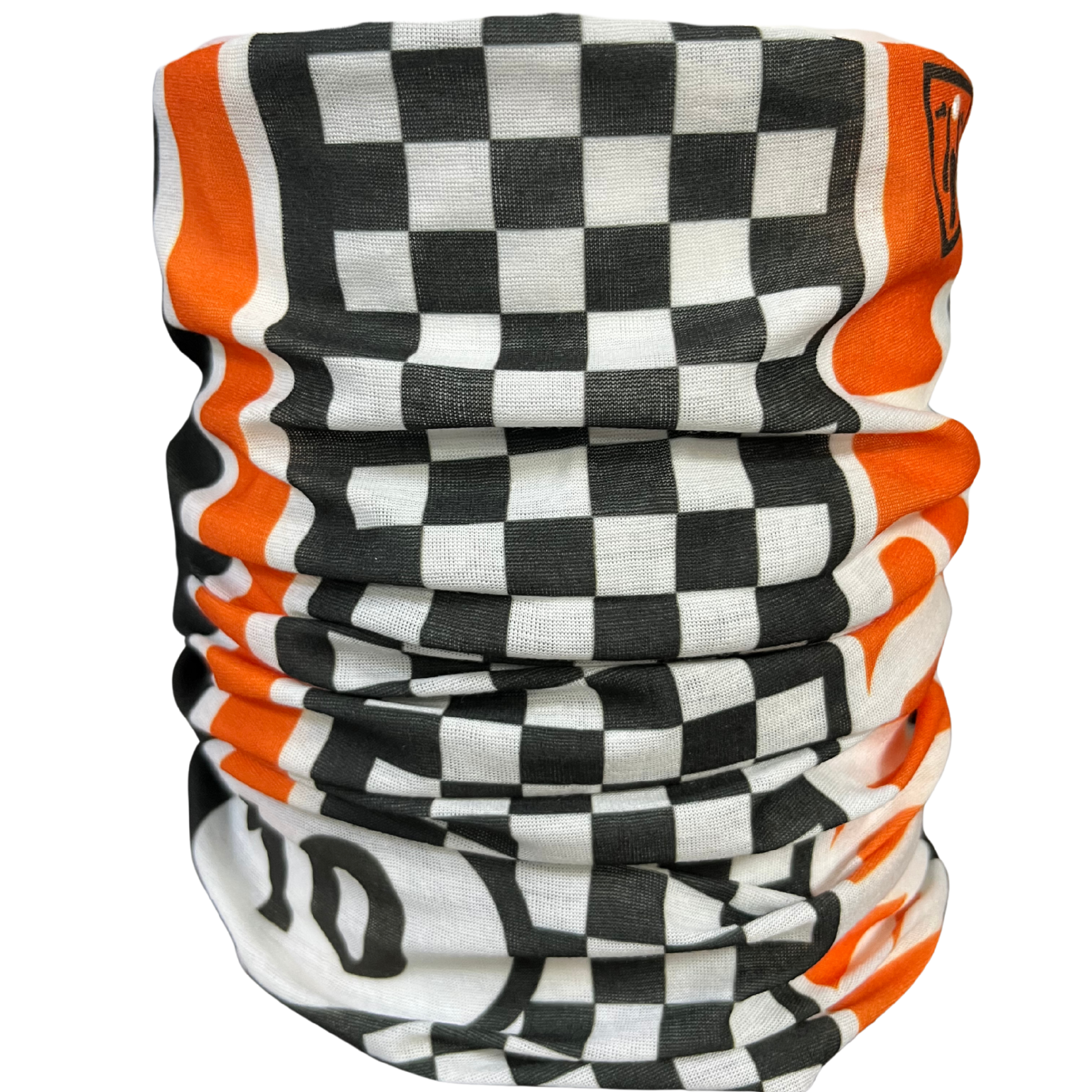 Checkered neck gaiter with orange and black patterns on a white background