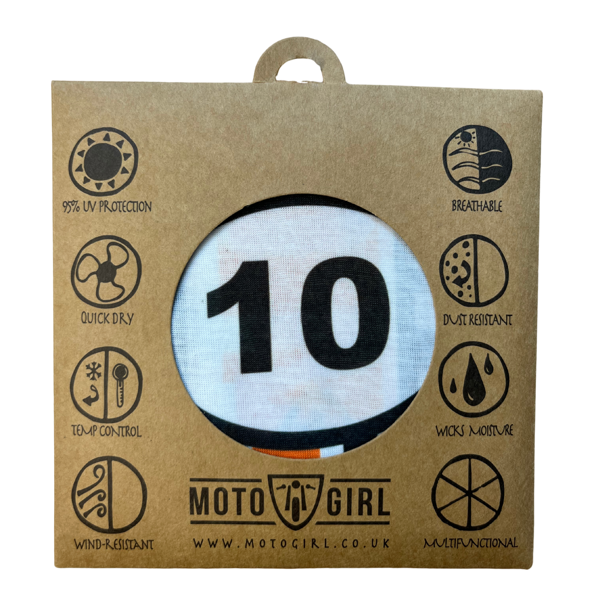 Moto Girl product packaging with a number 10 badge on a cardboard background