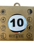 Moto Girl product packaging with a number 10 badge on a cardboard background
