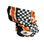 Checkered patterned neck gaiter with orange, black, and white colors on a white background