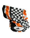 Checkered patterned neck gaiter with orange, black, and white colors on a white background