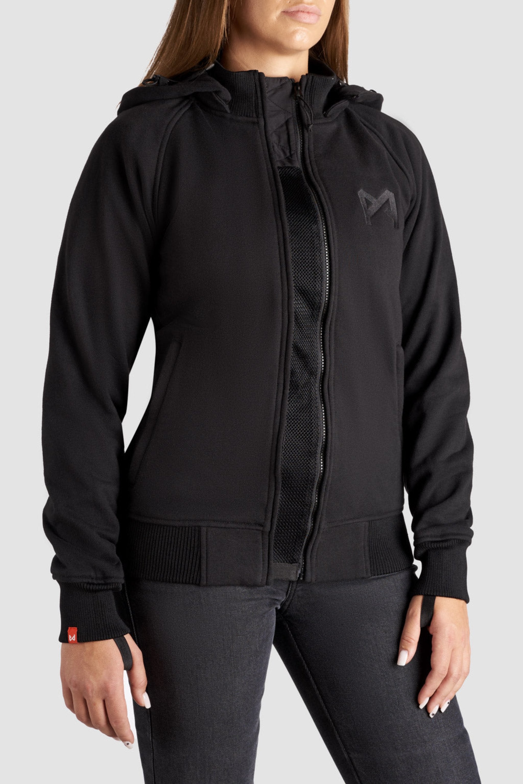 Woman wearing a Black Motorcycle Hoodie from Pando Moto