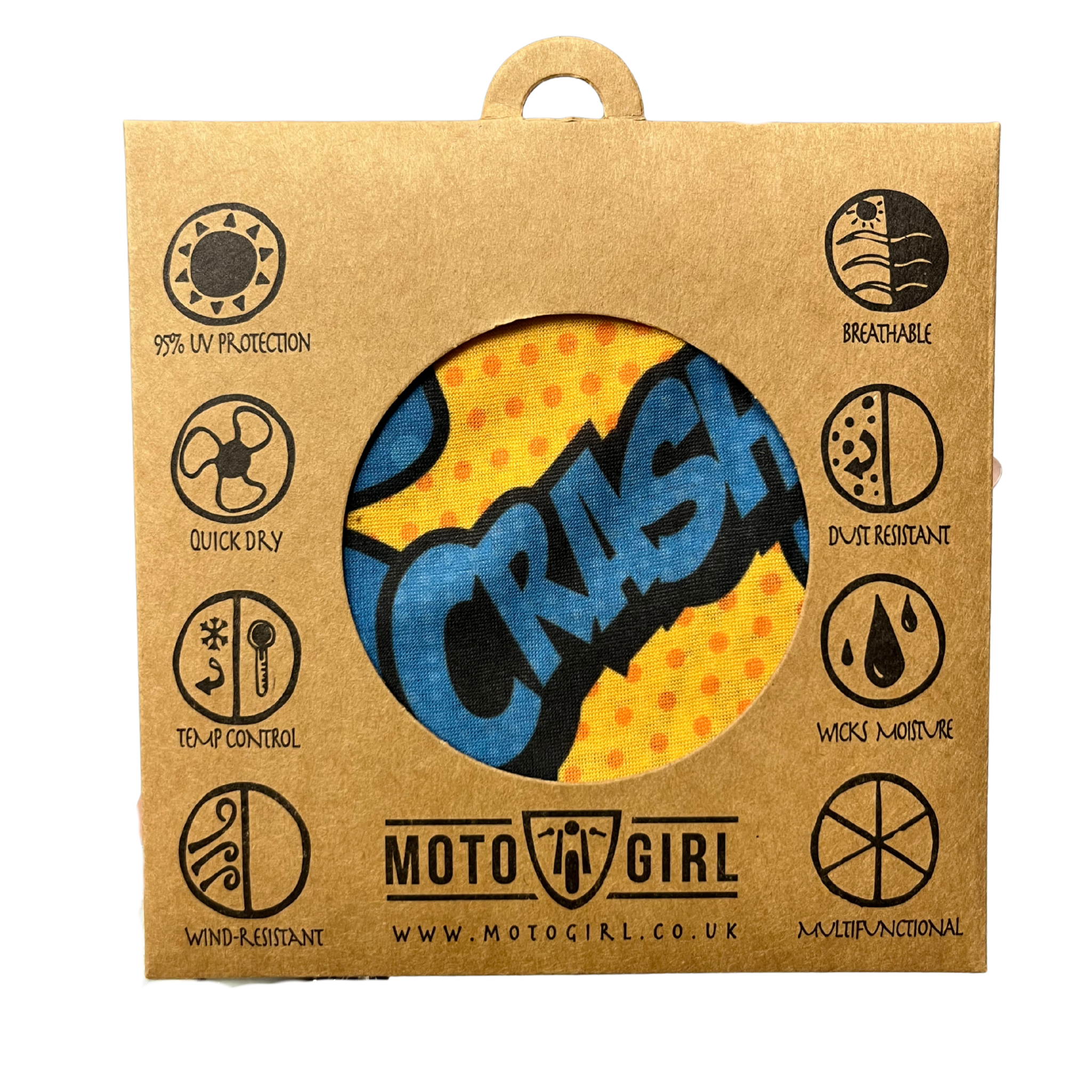 Moto Girl product packaging with a yellow and blue design on a brown cardboard background