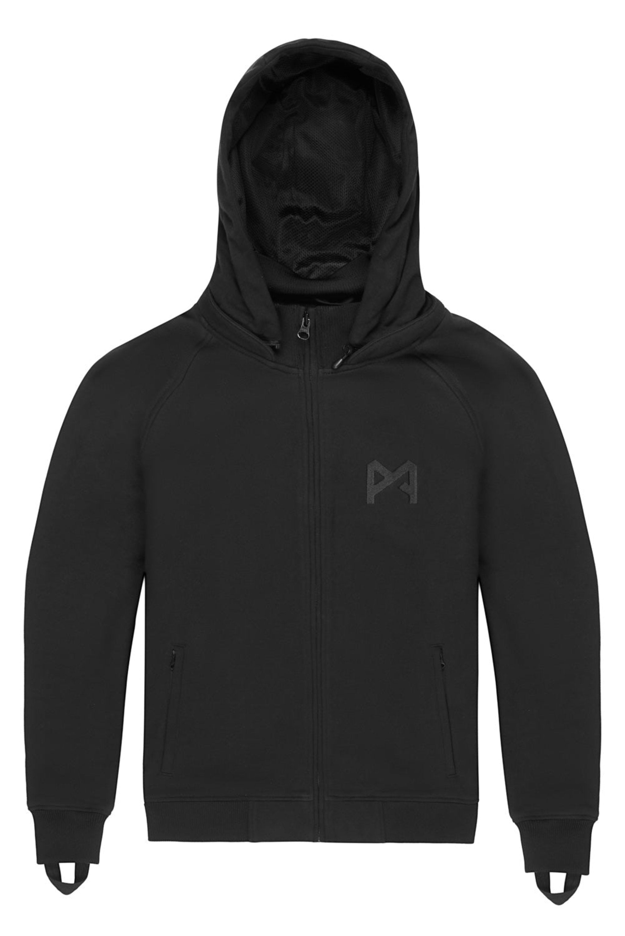 The front of a black motorcycle hoodie from Pando Moto