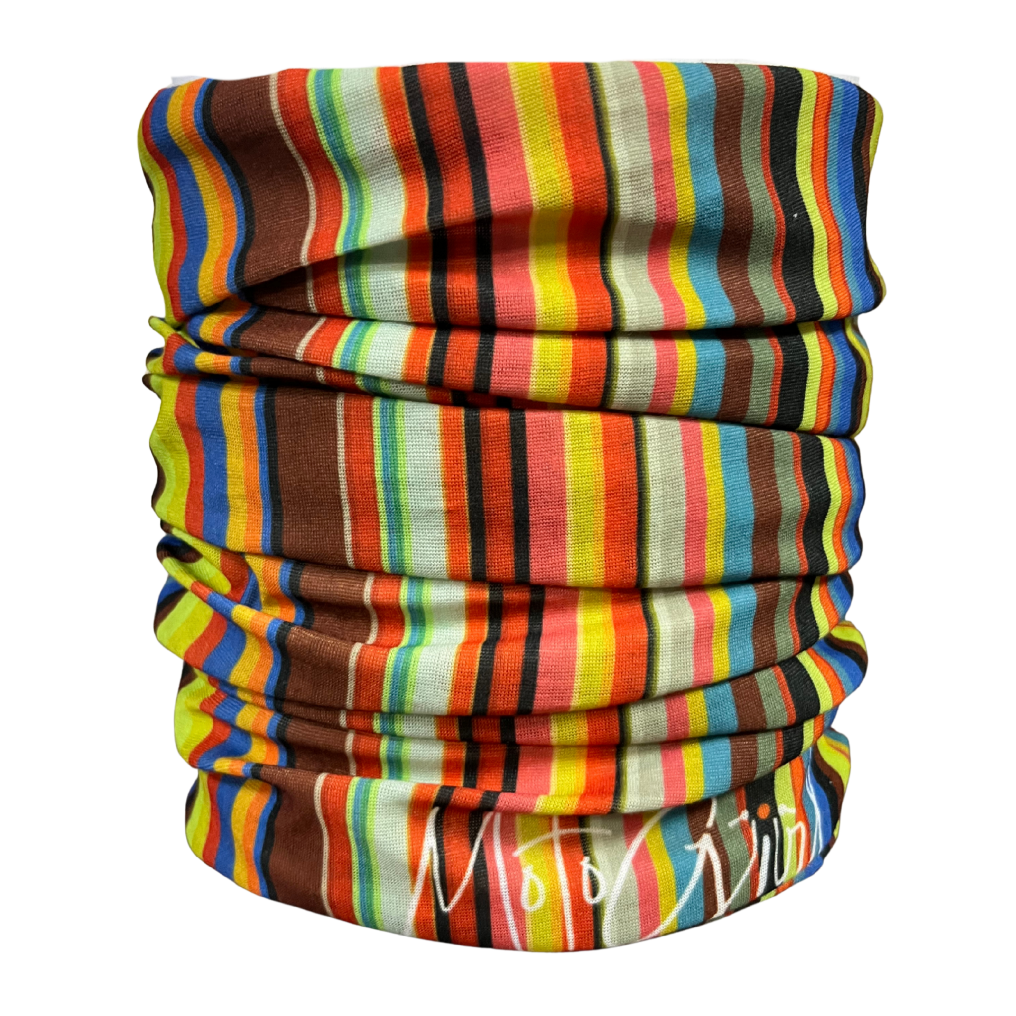 Multicolored striped neck gaiter with brand name on a white background
