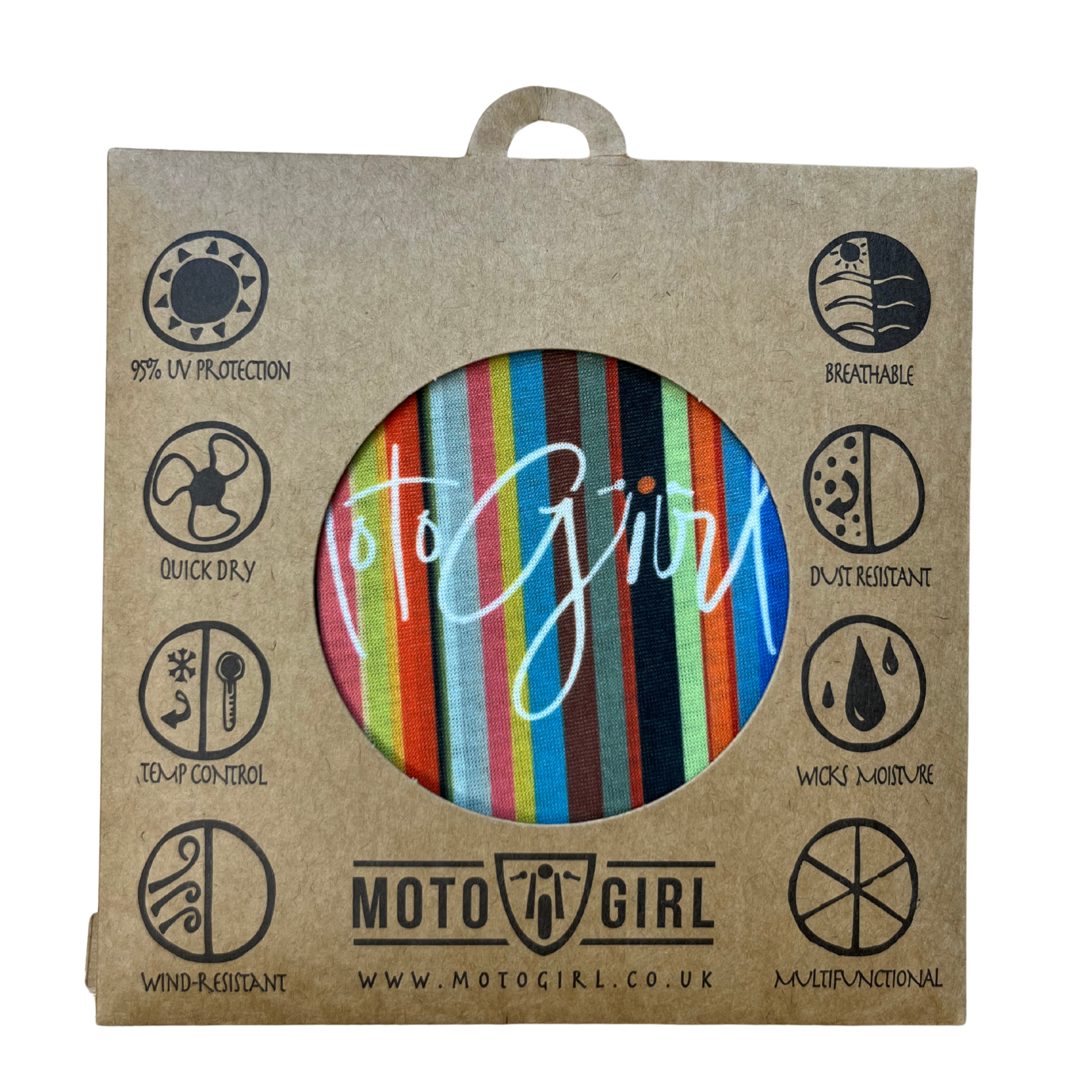 Moto Girl product packaging with colorful striped design and brand logo on a white background