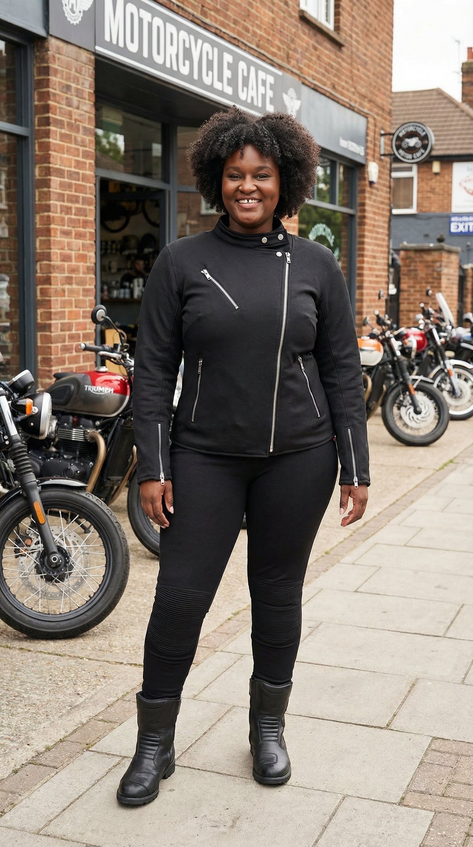 Woman in black outfit standing in front of a motorcycle cafe.