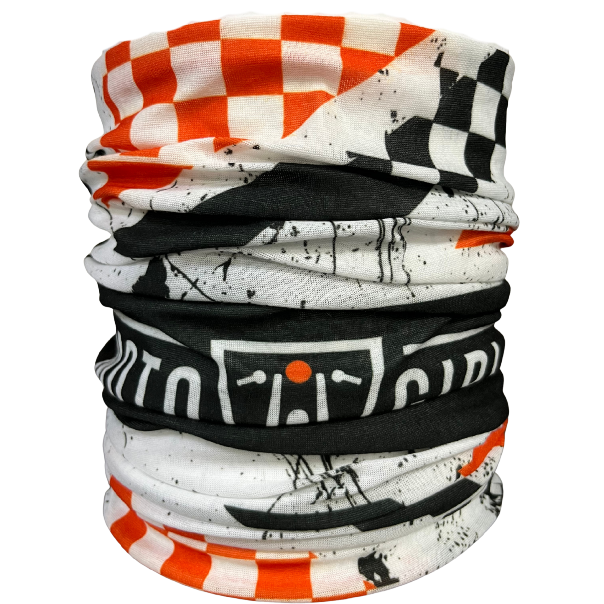 Stack of patterned neck gaiters on a white background