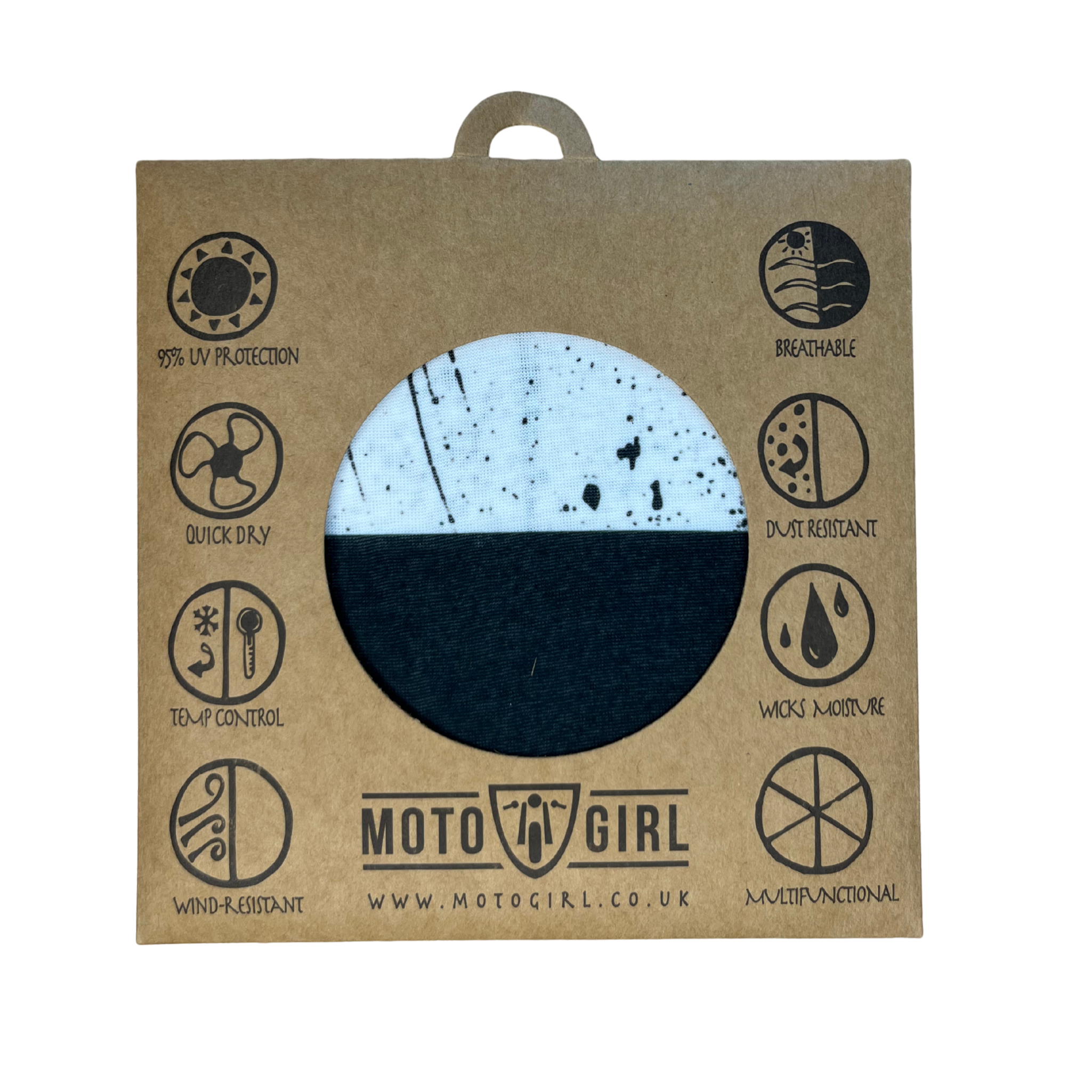 Product packaging for 'Moto Girl' with a half-black, half-white design on a brown cardboard background.