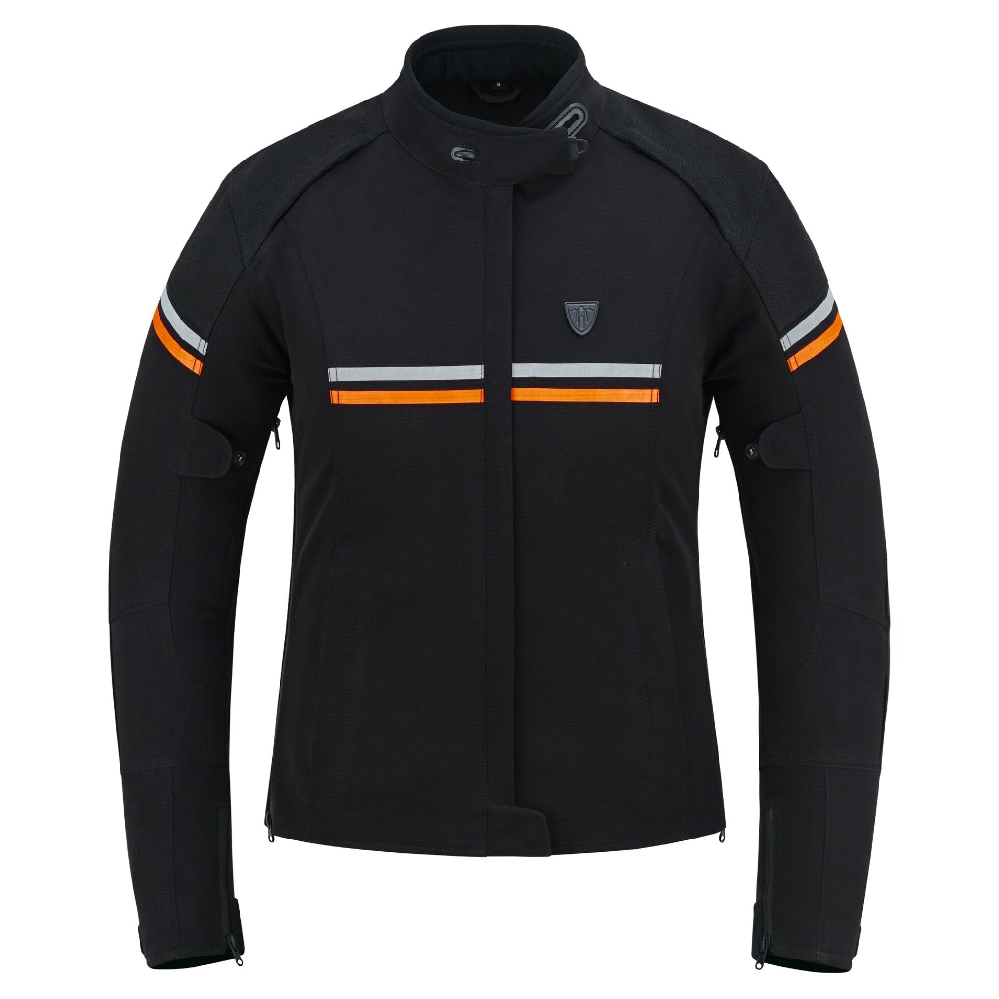 black textile motorcycle jacket with orange and grey