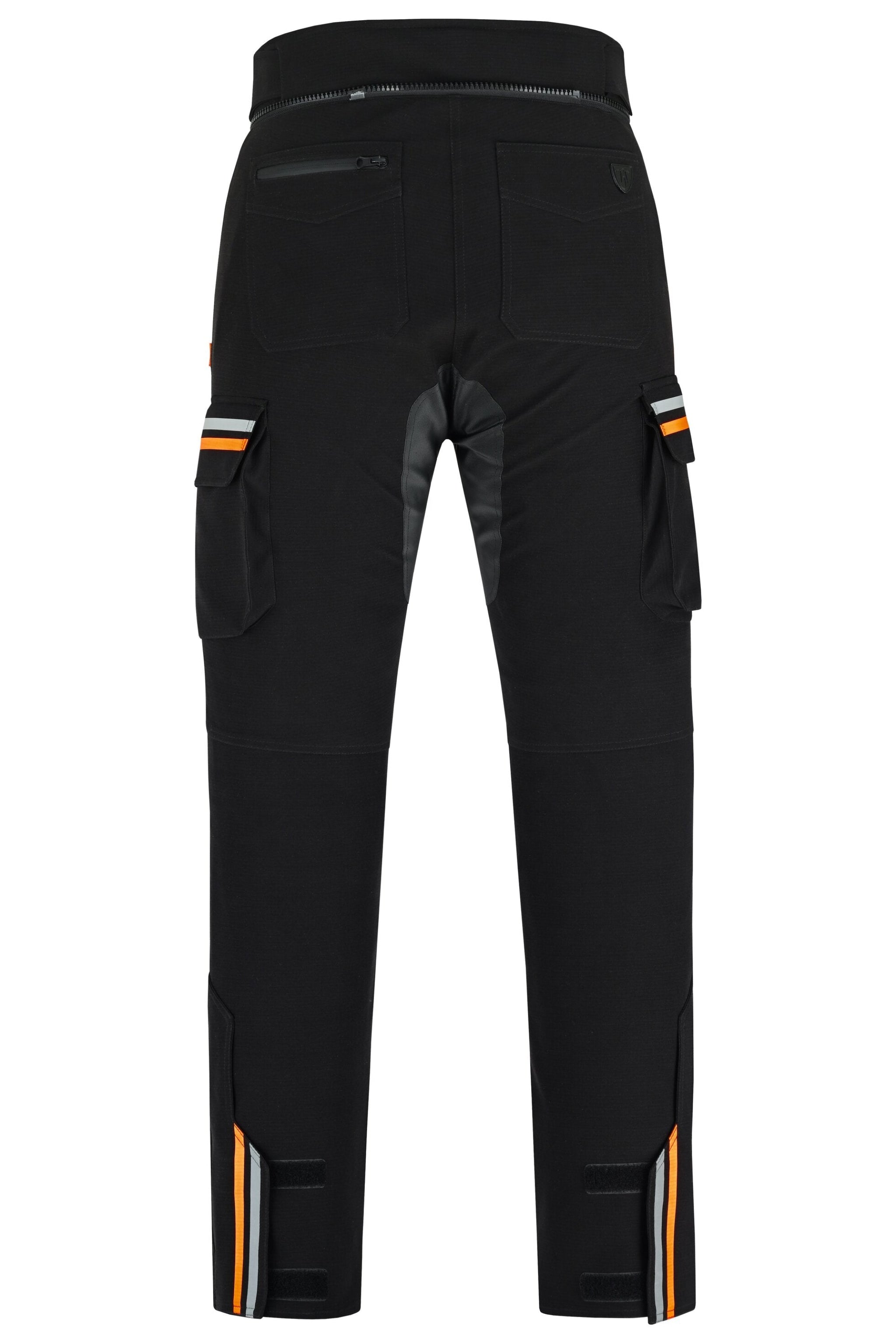 Black pants with orange accents on a white background