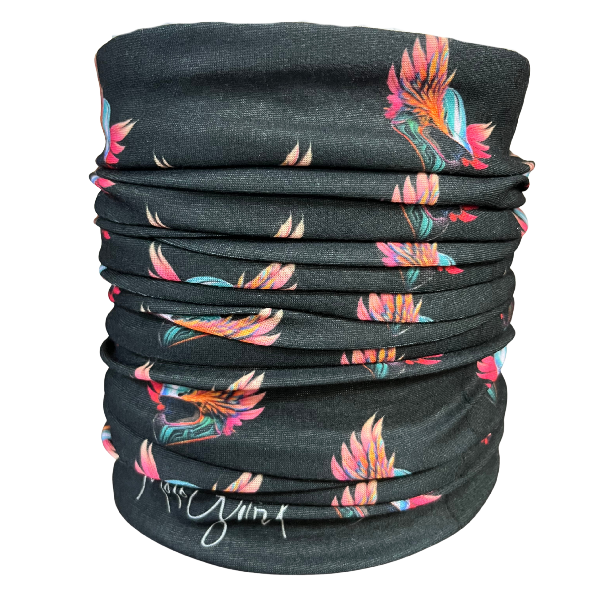 Black neck gaiter with colorful feather pattern on a white background