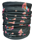 Black neck gaiter with colorful feather pattern on a white background