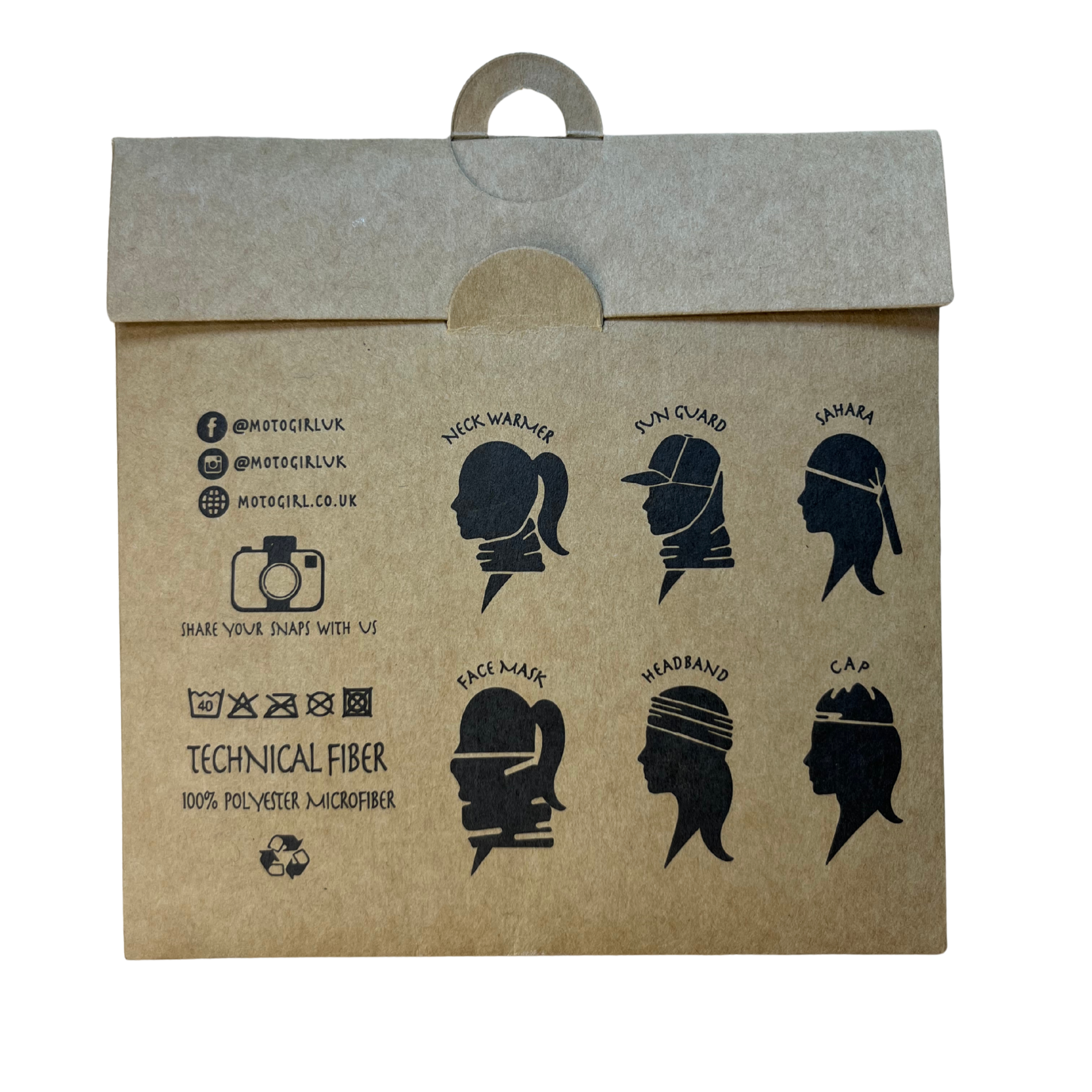 Kraft paper package with black illustrations of hairstyles and text on a white background