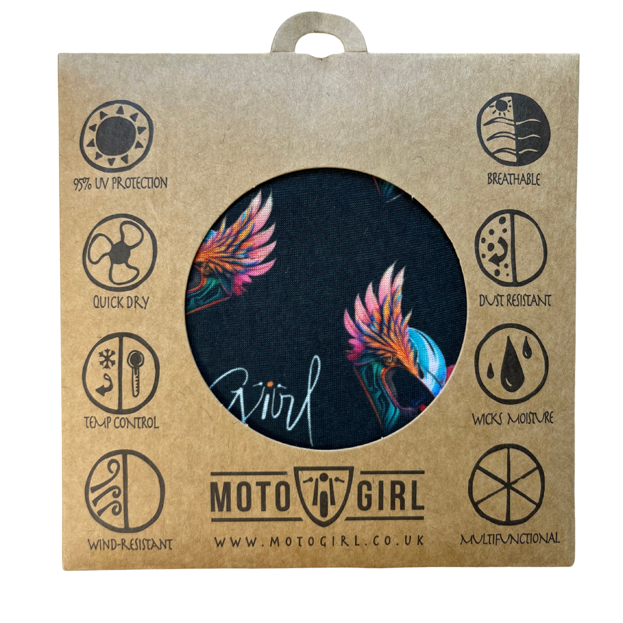 Moto Girl product packaging with floral design and brand logo on a white background