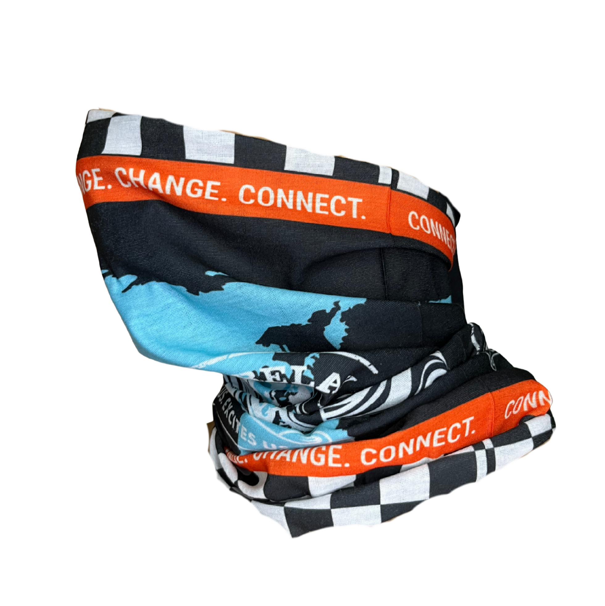 Multicolored neck gaiter with text on a white background for WRWR