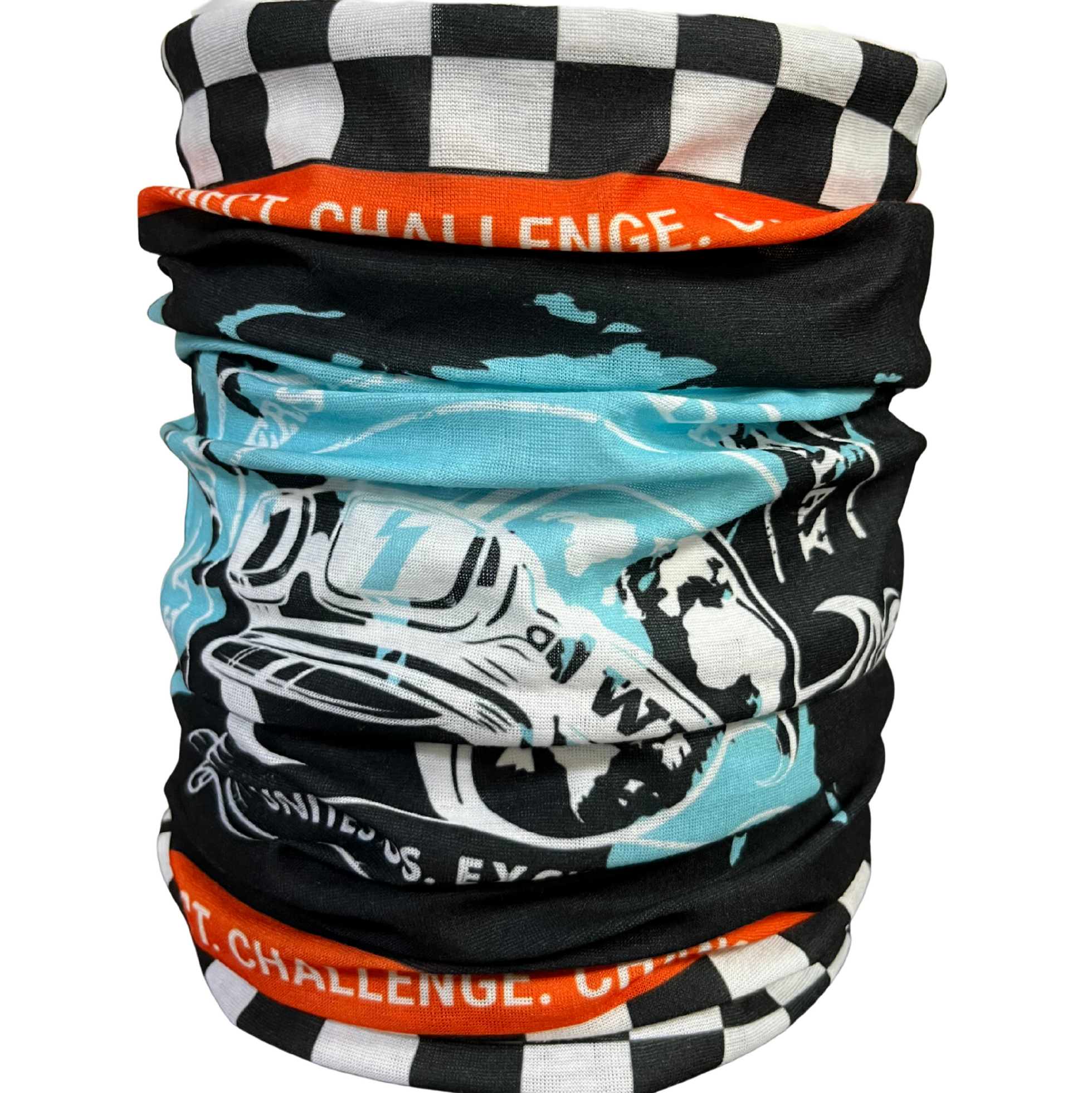 Stack of patterned neck gaiters on a white background for WRWR