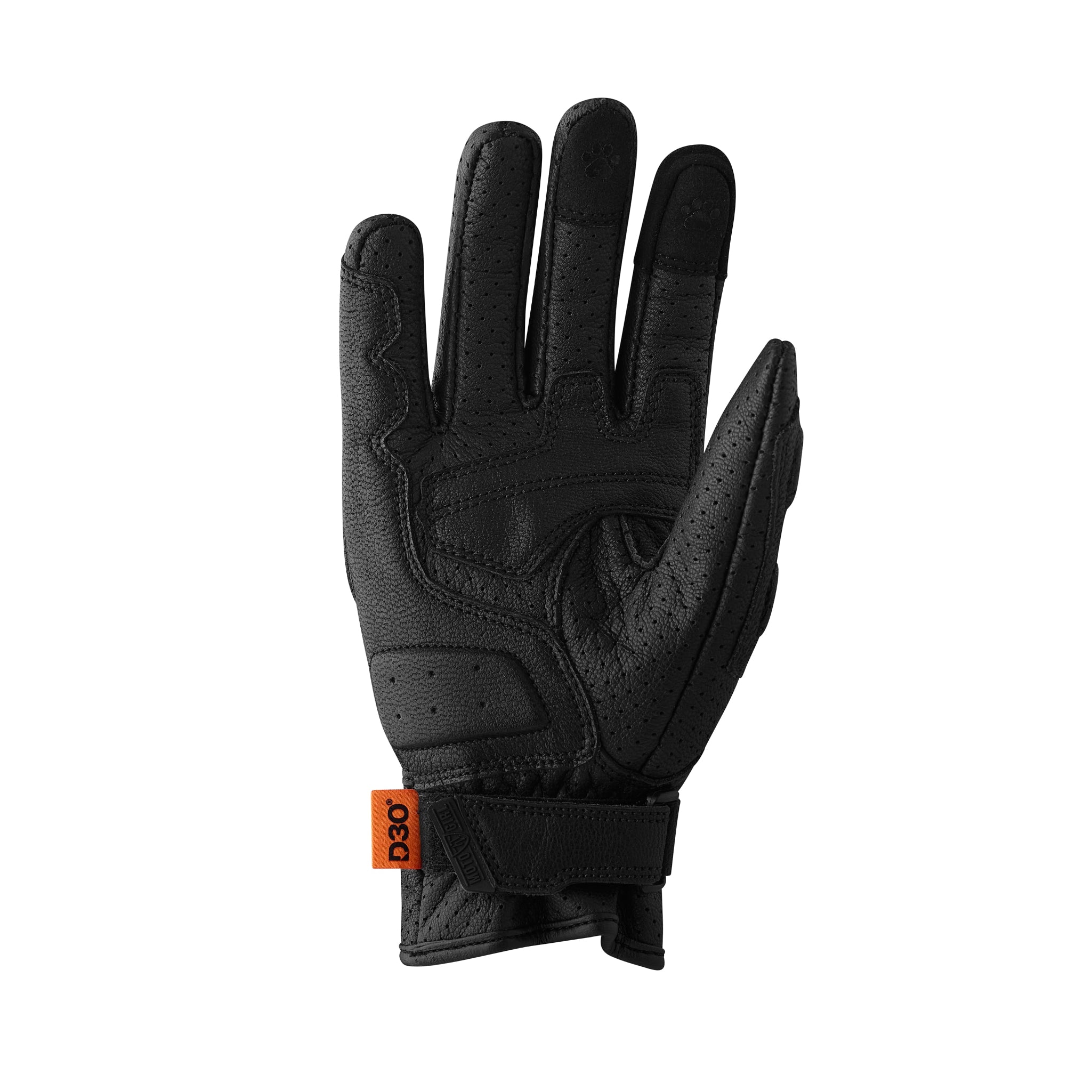 Black glove with orange brand logo on a white background