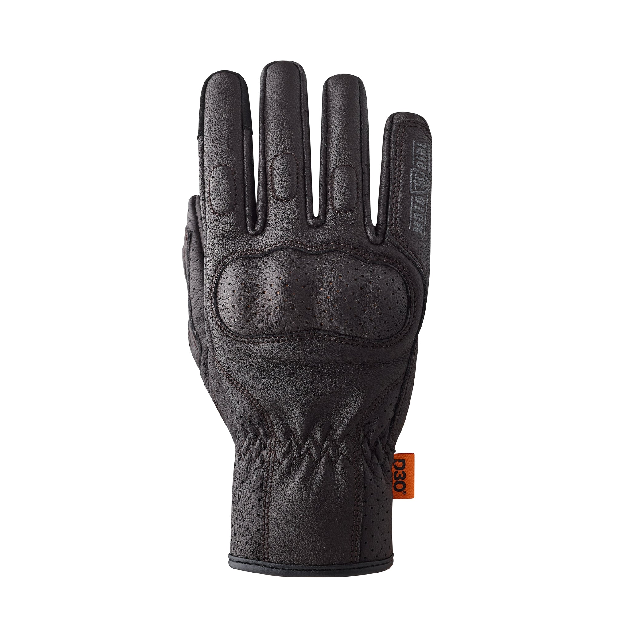 Black glove with orange logo on a white background