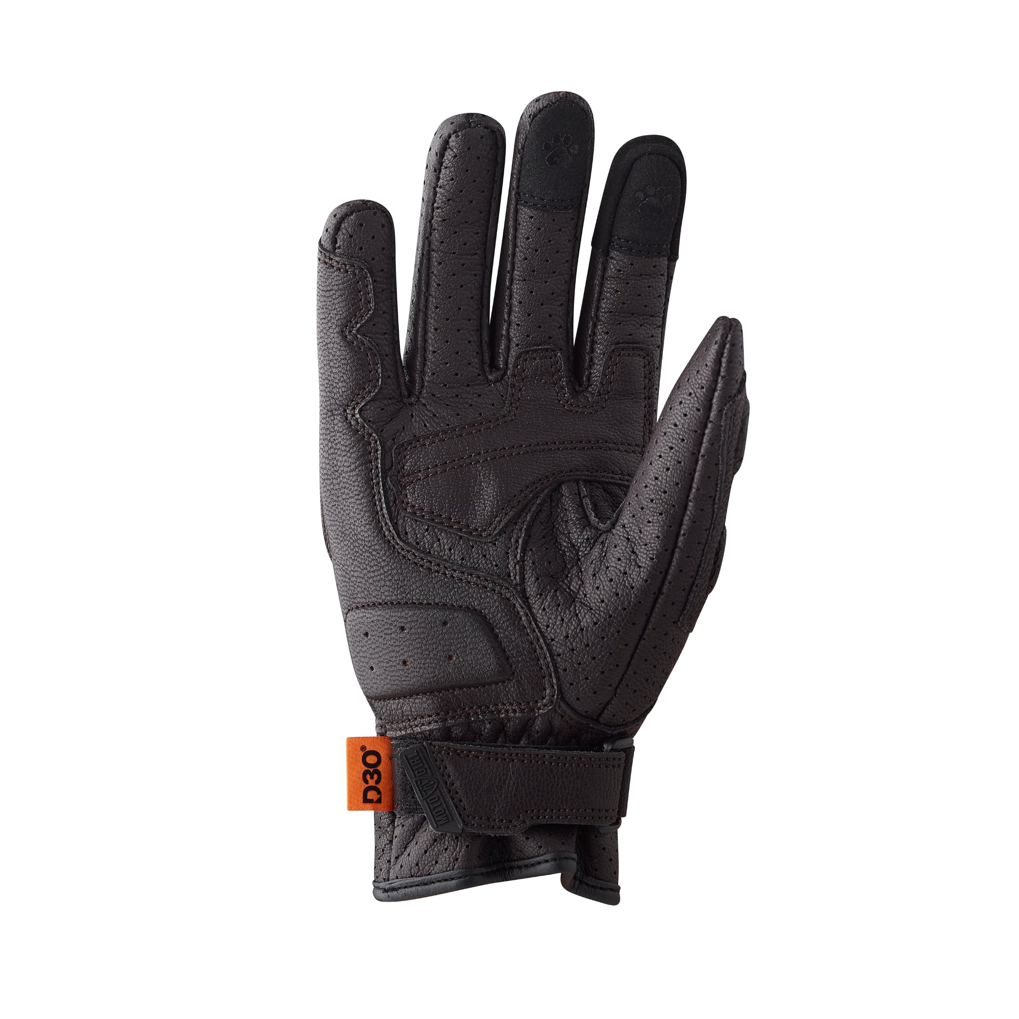 Black glove with orange D30 logo on a white background