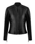 black leather motorcycle jacket with front zip
