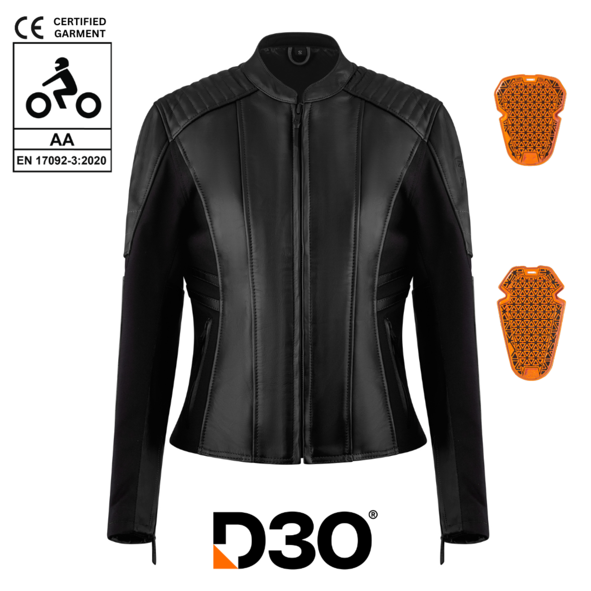 black leather motorcycle jacket with front zipper and D3O protectors