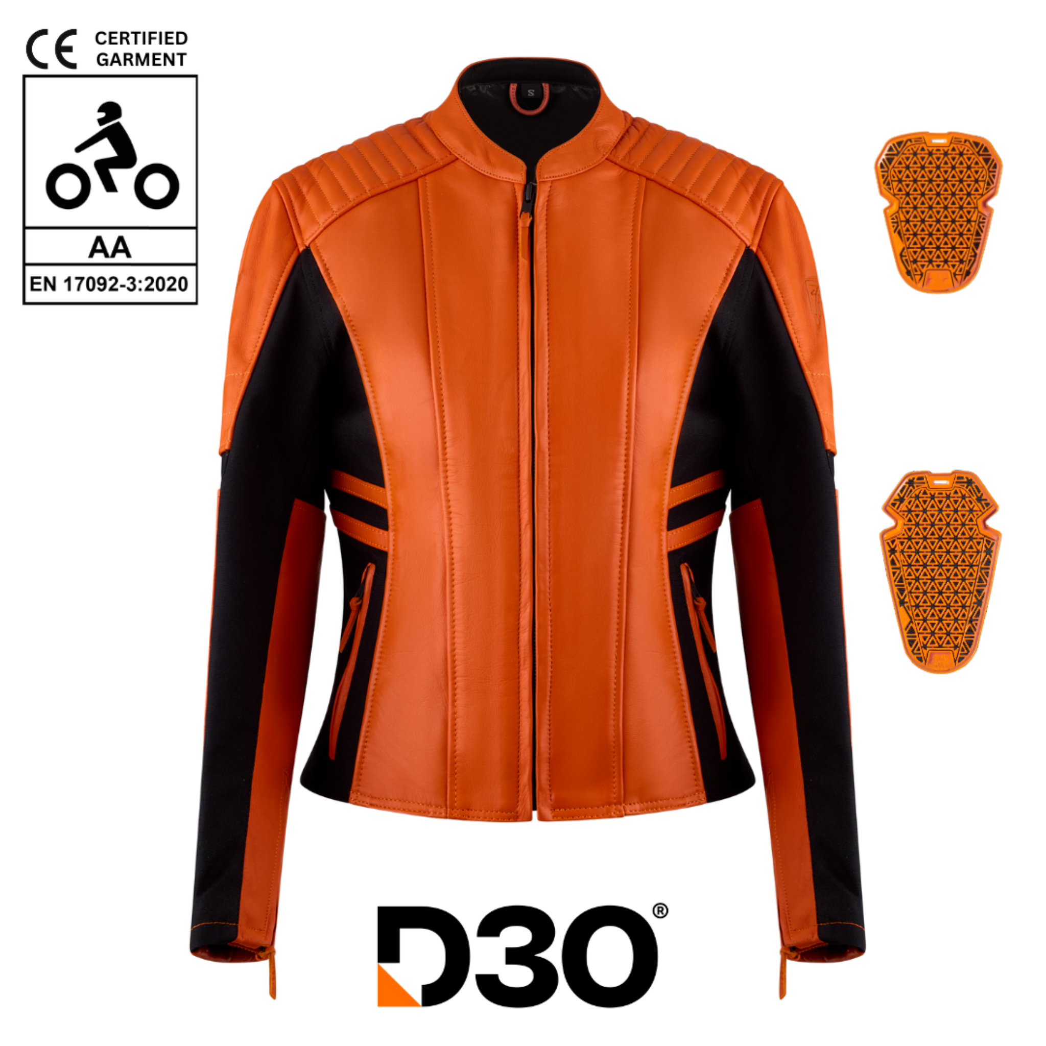 bright orange motorcycle leather jacket for women with front zipper and D3O protectors