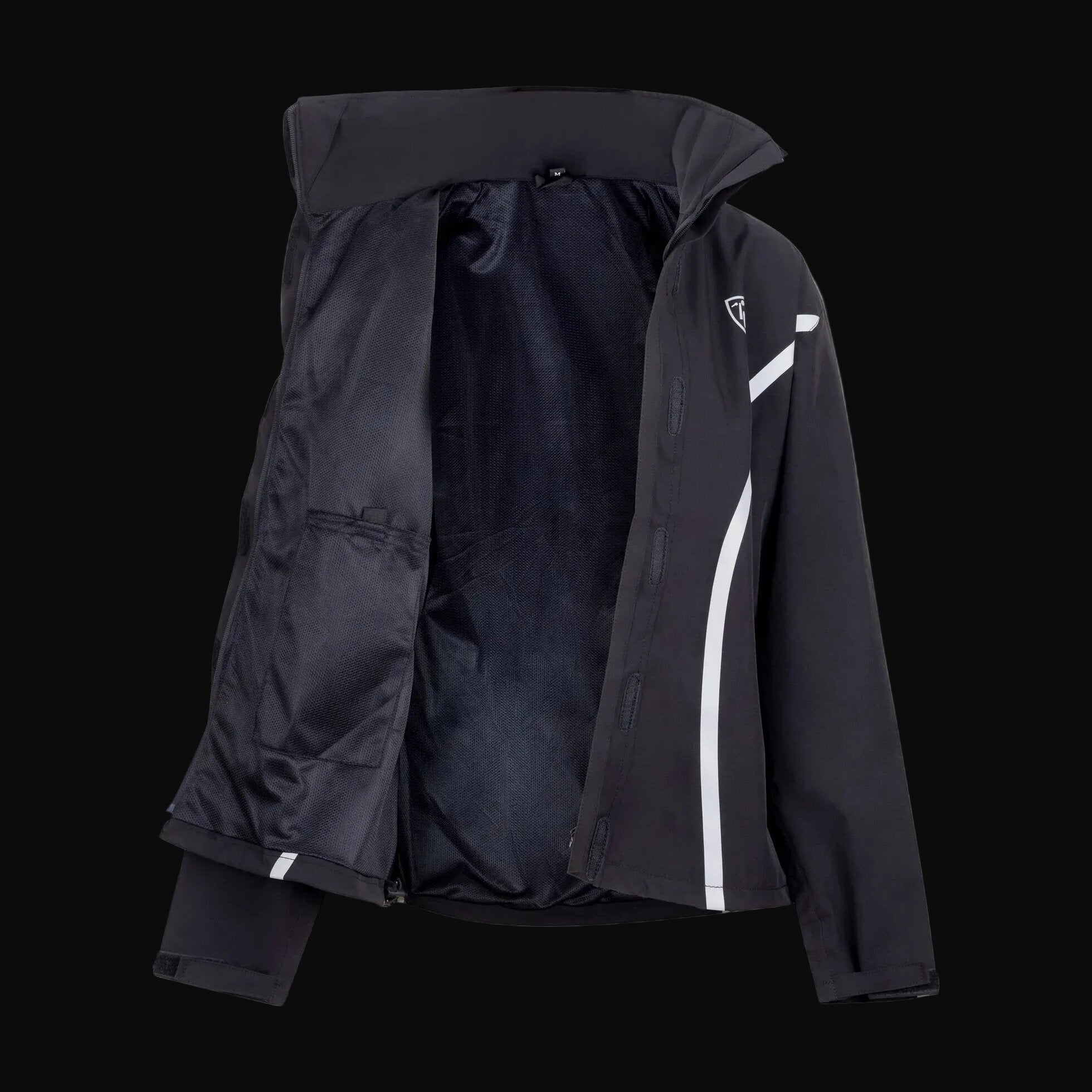 Black jacket with white accents on a black background
