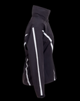 Black jacket with white stripes on sleeves against a black background