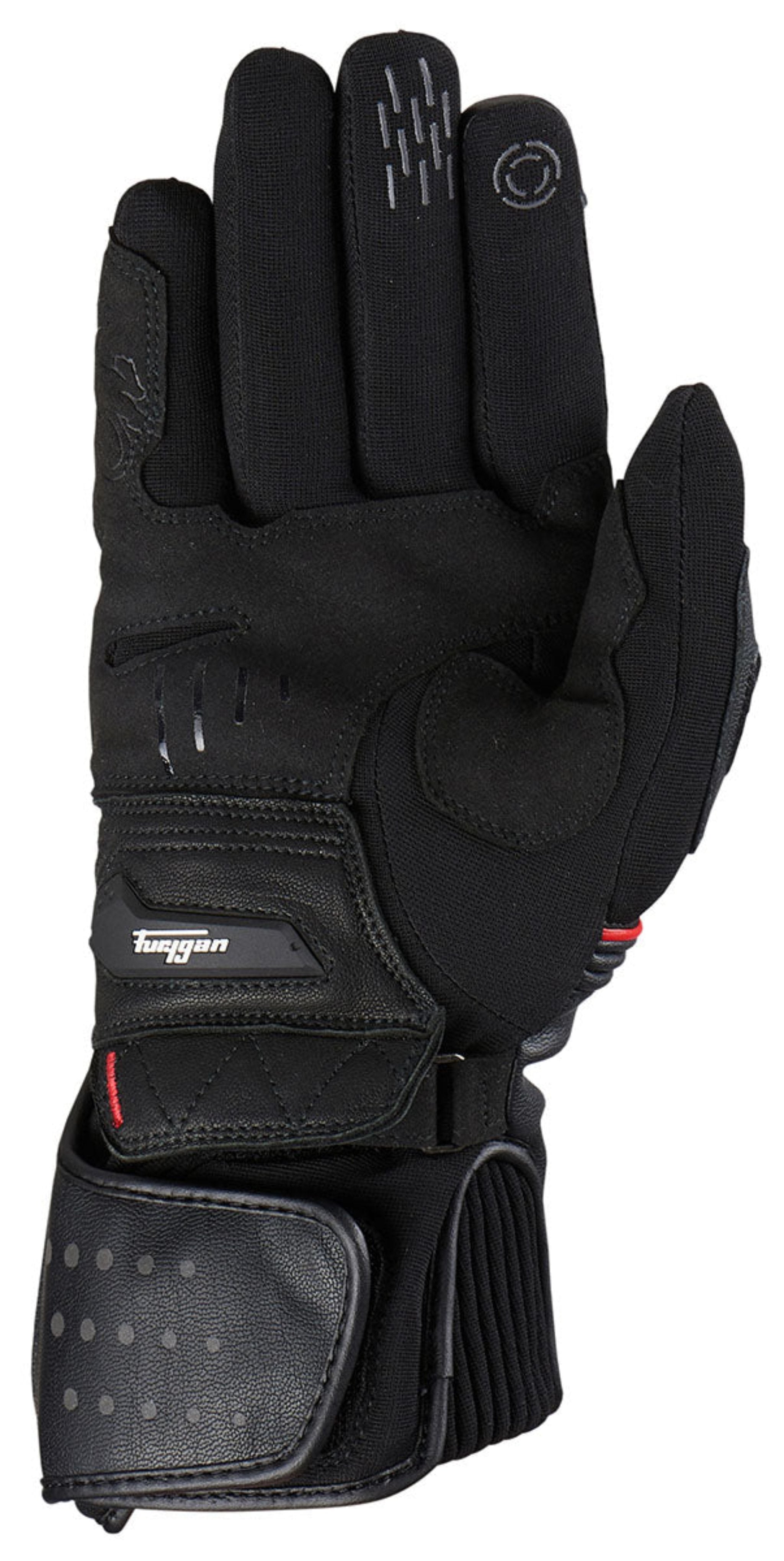 a palm of Furygan black long motorcycle glove with red details