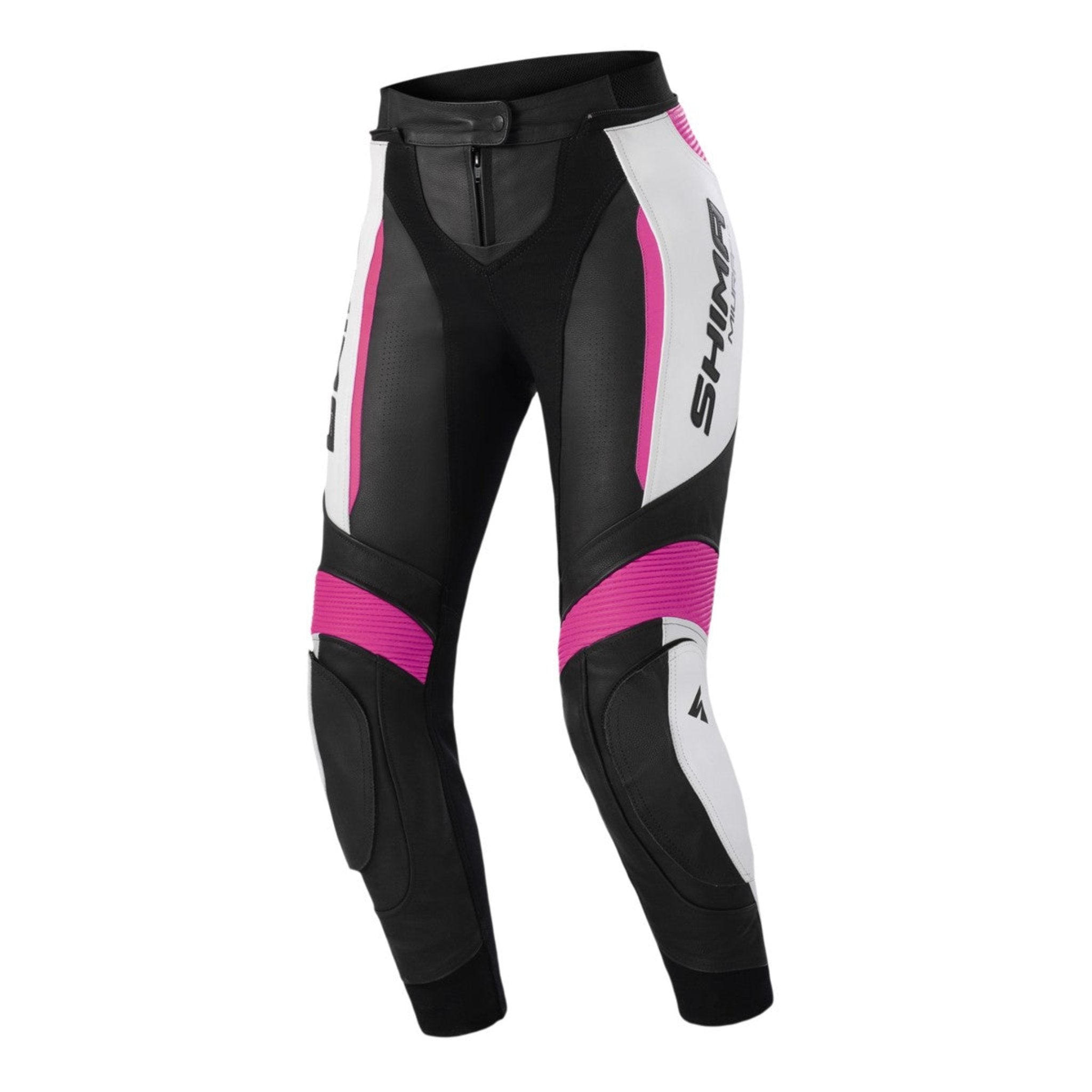 black white and pink motorcycle pants from Shima