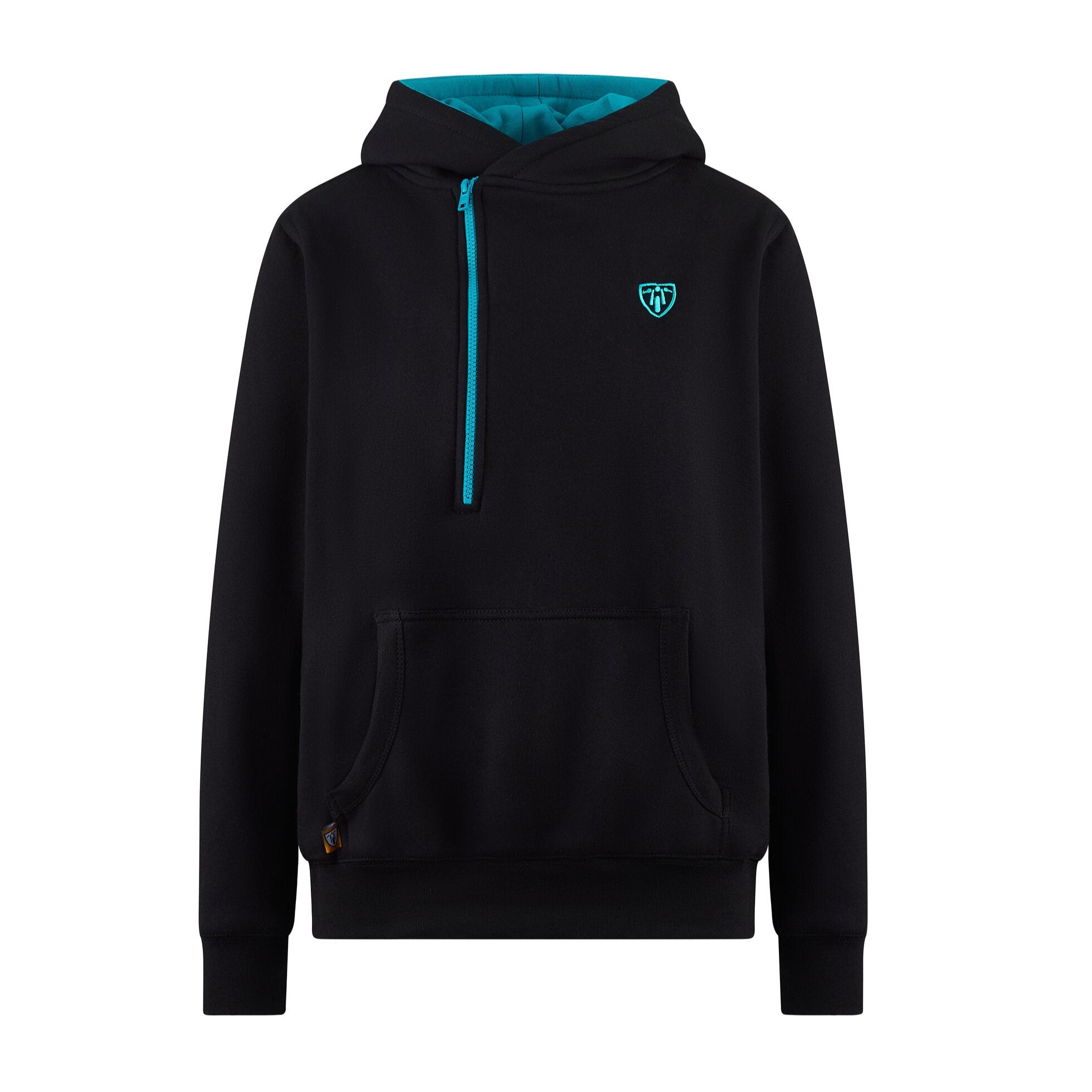 motogirl helmet hoodie in black and teal with big front zipper