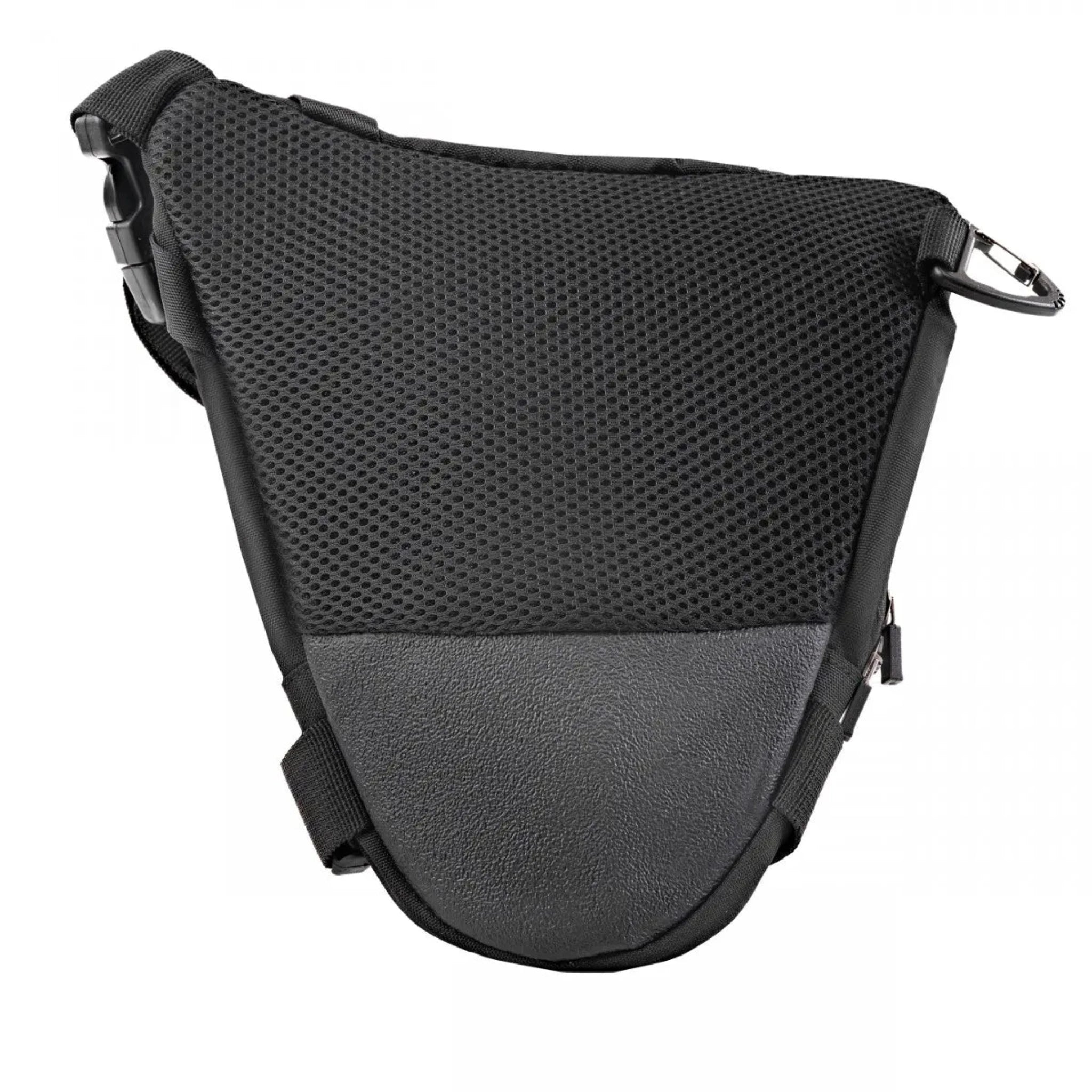 Back side of the Division Hip Bag in black from Shima, featuring mesh material and faux leather.