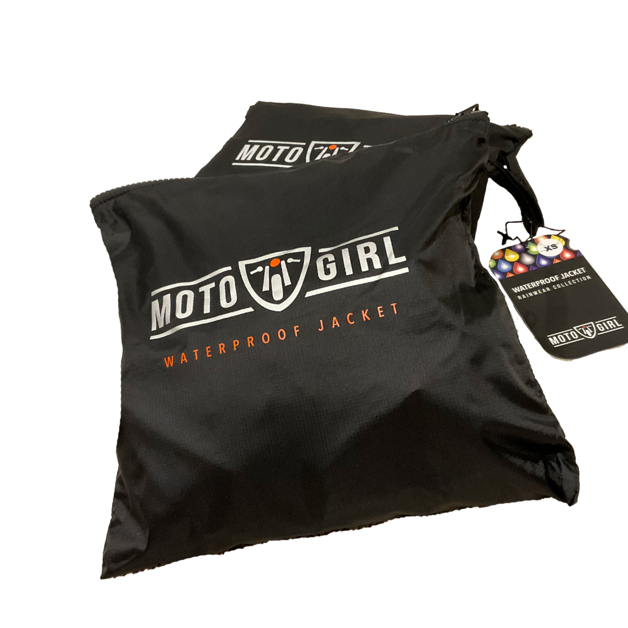 Black waterproof jacket packaging with 'Moto Girl' branding on a white background