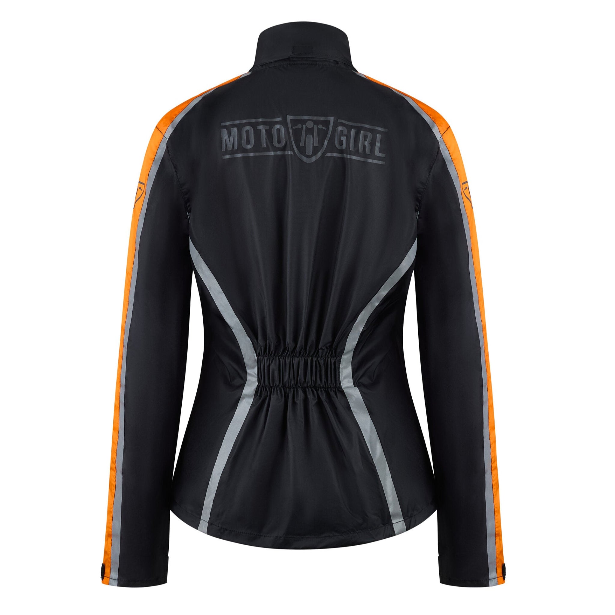 Black jacket with orange and gray accents on a white background, featuring 'Moto Girl' branding.